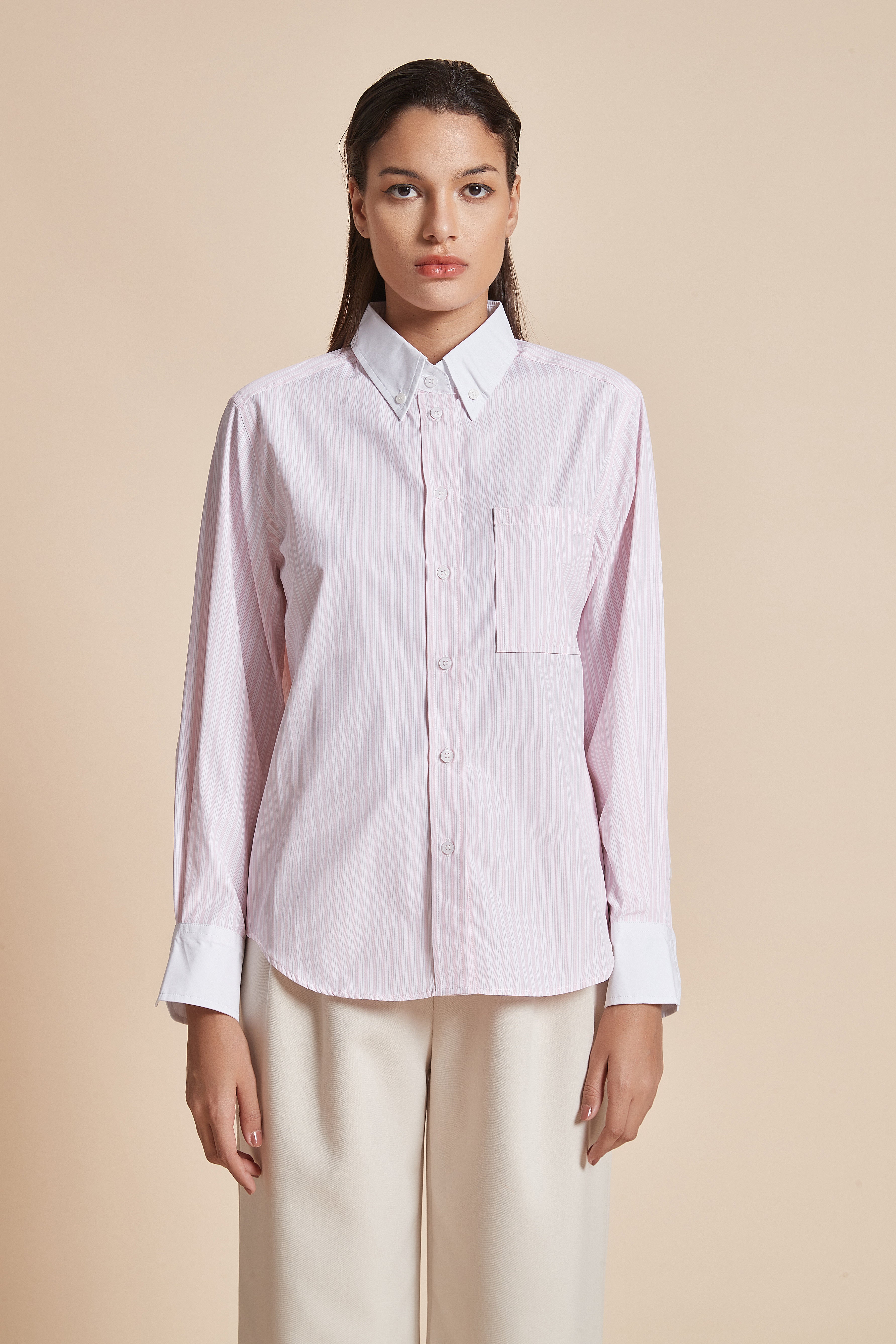 Yola Women's Blouse with Long Sleeves, Shirt Collar, and Vertical Stripes