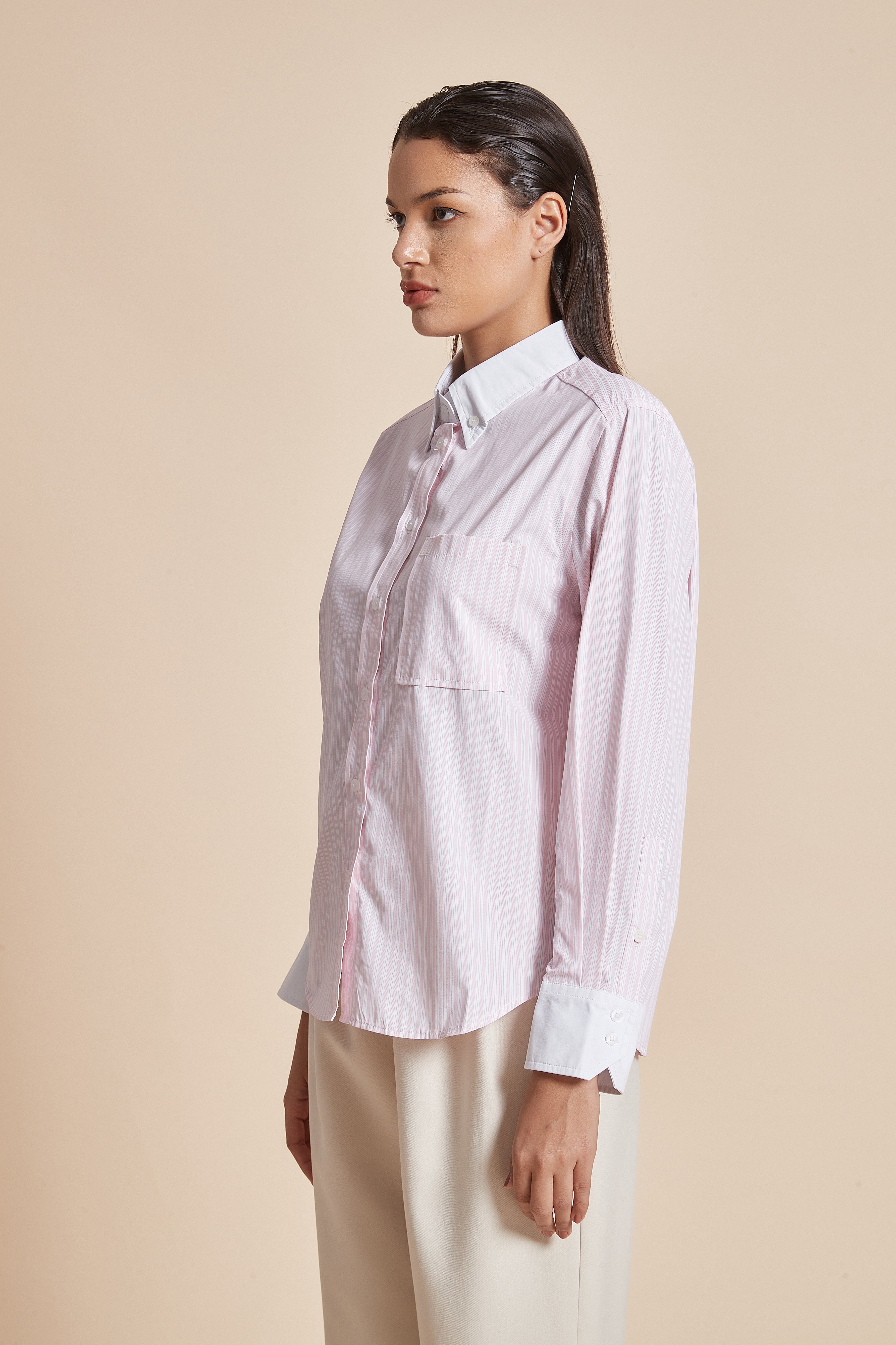 Yola Women's Blouse with Long Sleeves, Shirt Collar, and Vertical Stripes