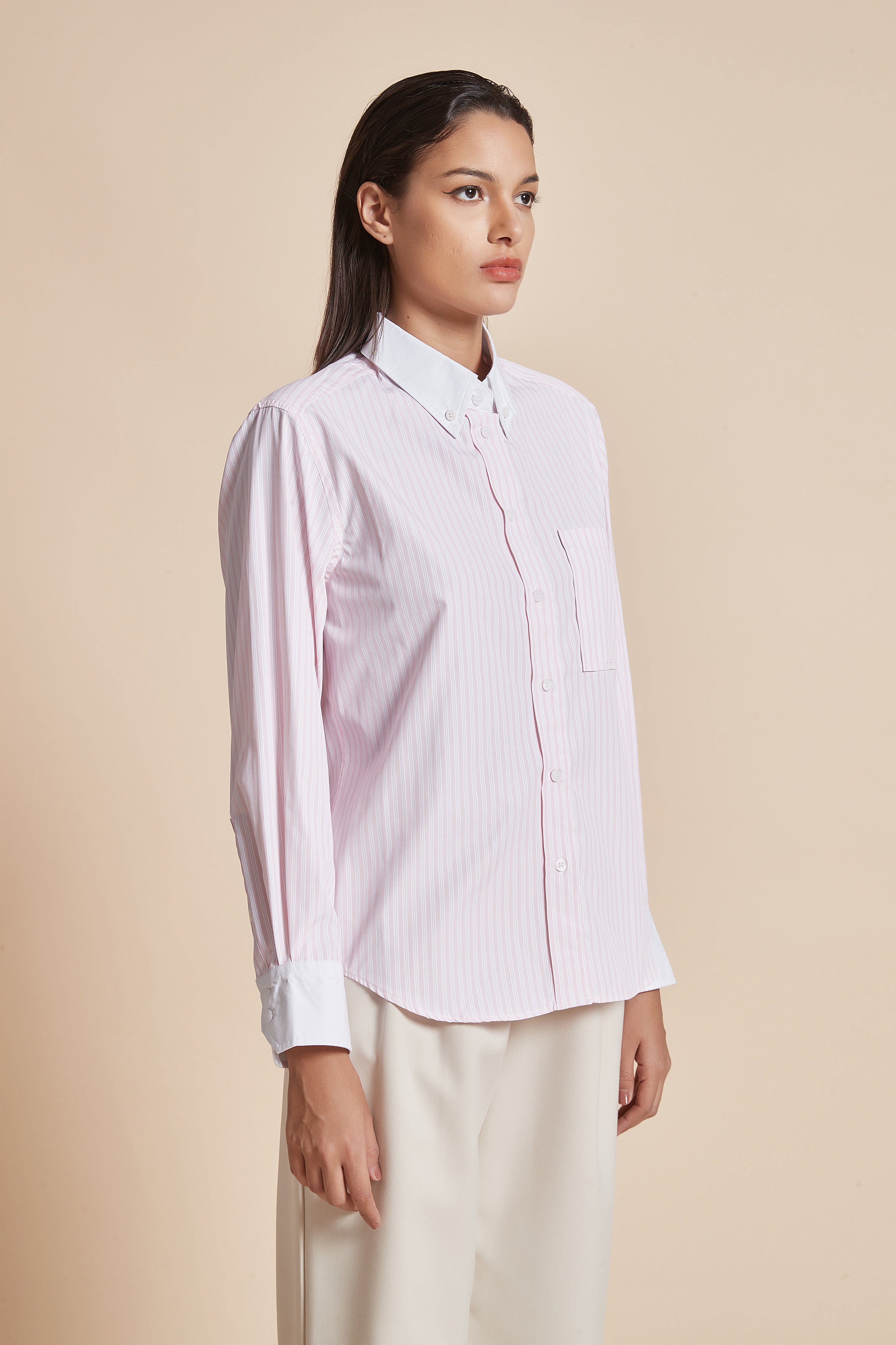 Yola Women's Blouse with Long Sleeves, Shirt Collar, and Vertical Stripes