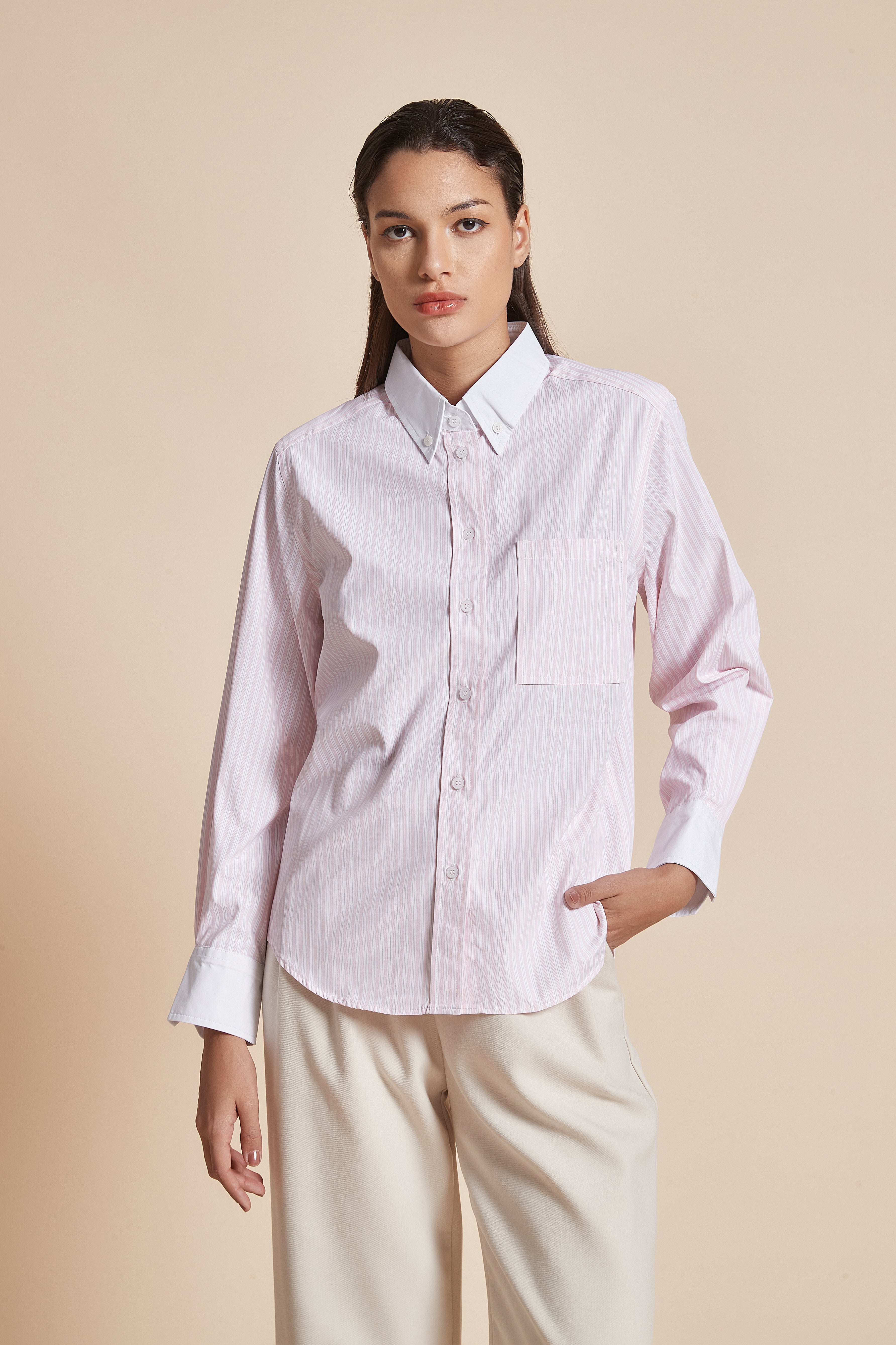 Women'S Blouse With Long Sleeves, Shirt Collar, And Vertical Stripes