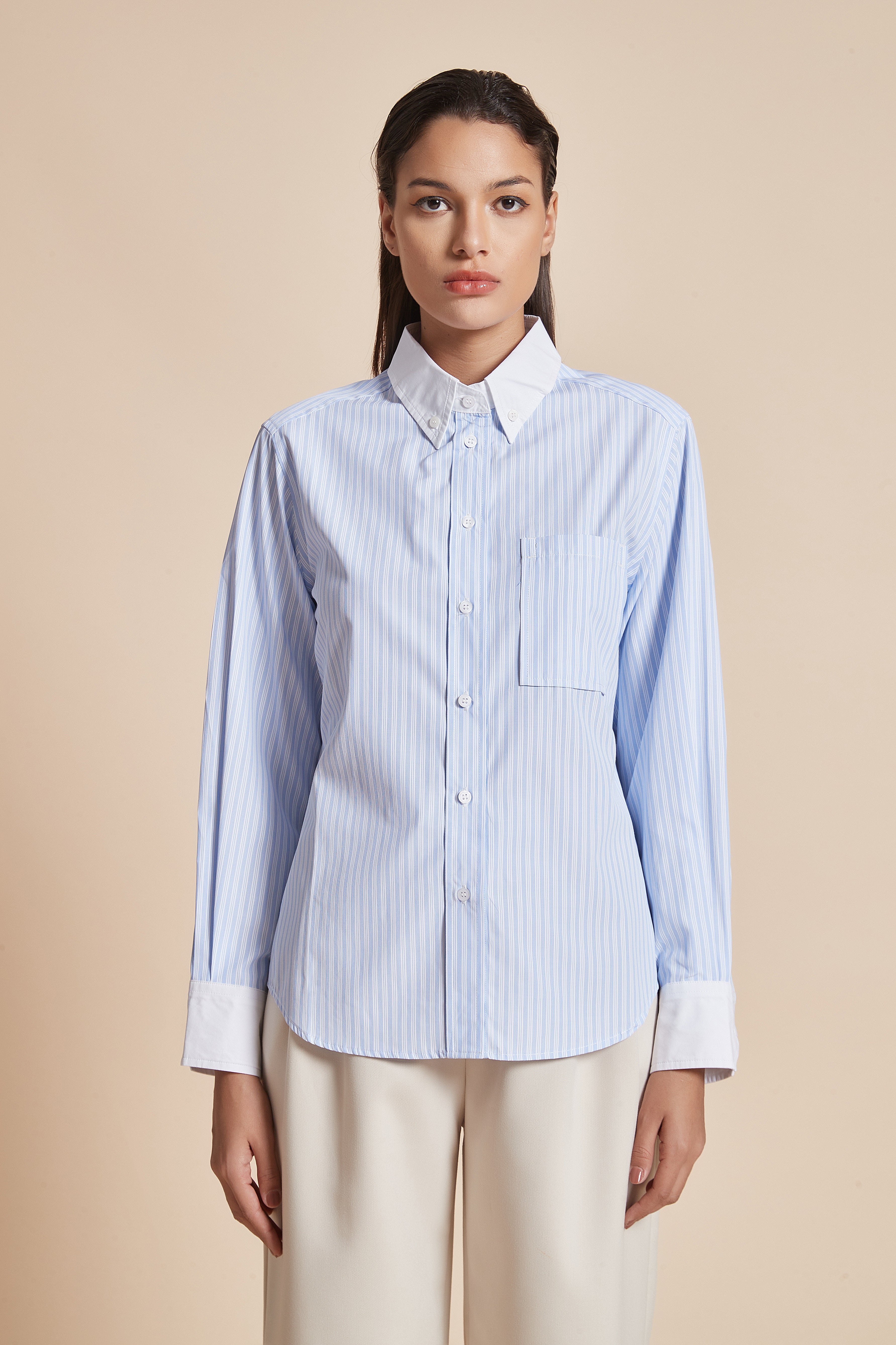 Yola Women's Blouse with Long Sleeves, Shirt Collar, and Vertical Stripes