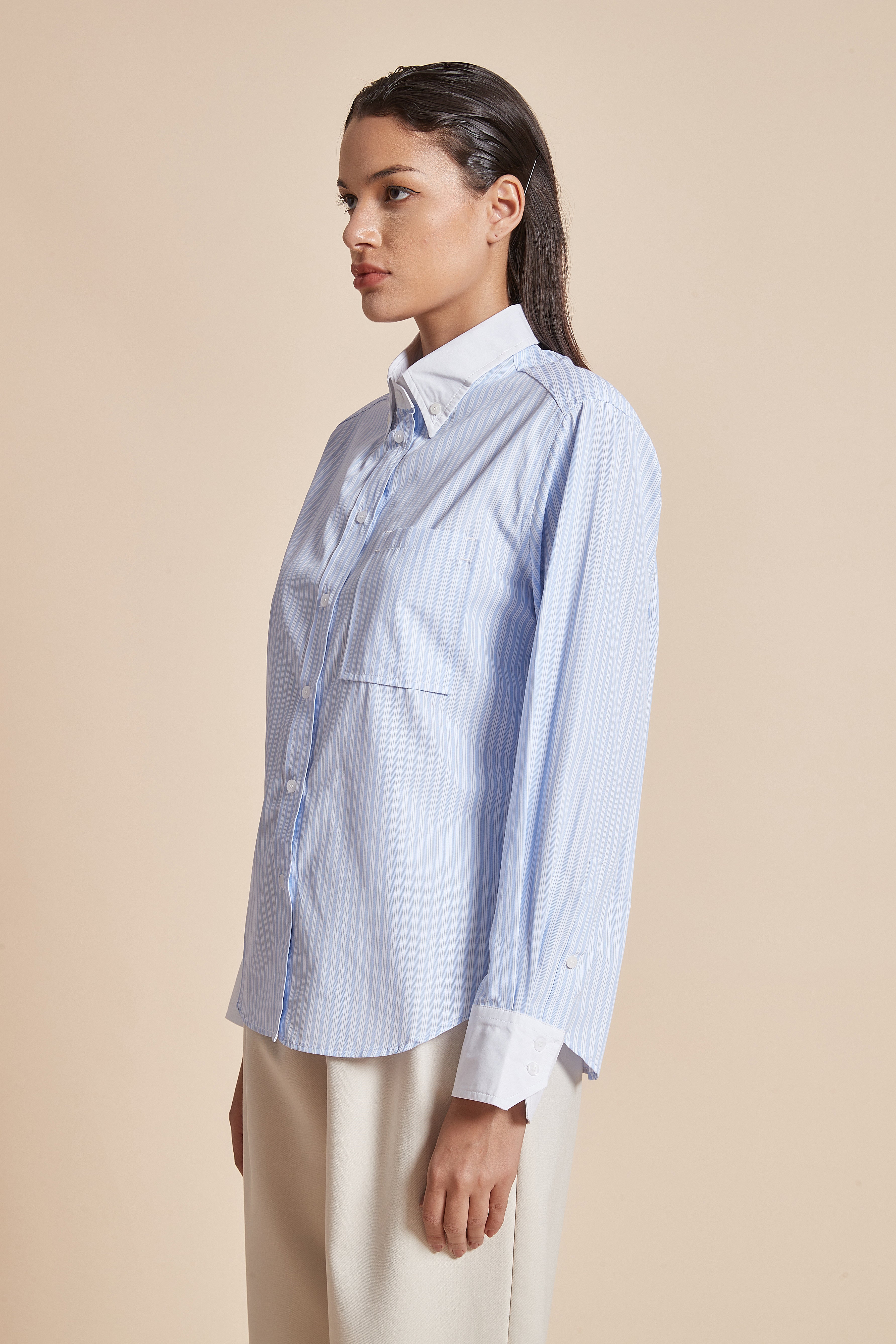 Yola Women's Blouse with Long Sleeves, Shirt Collar, and Vertical Stripes