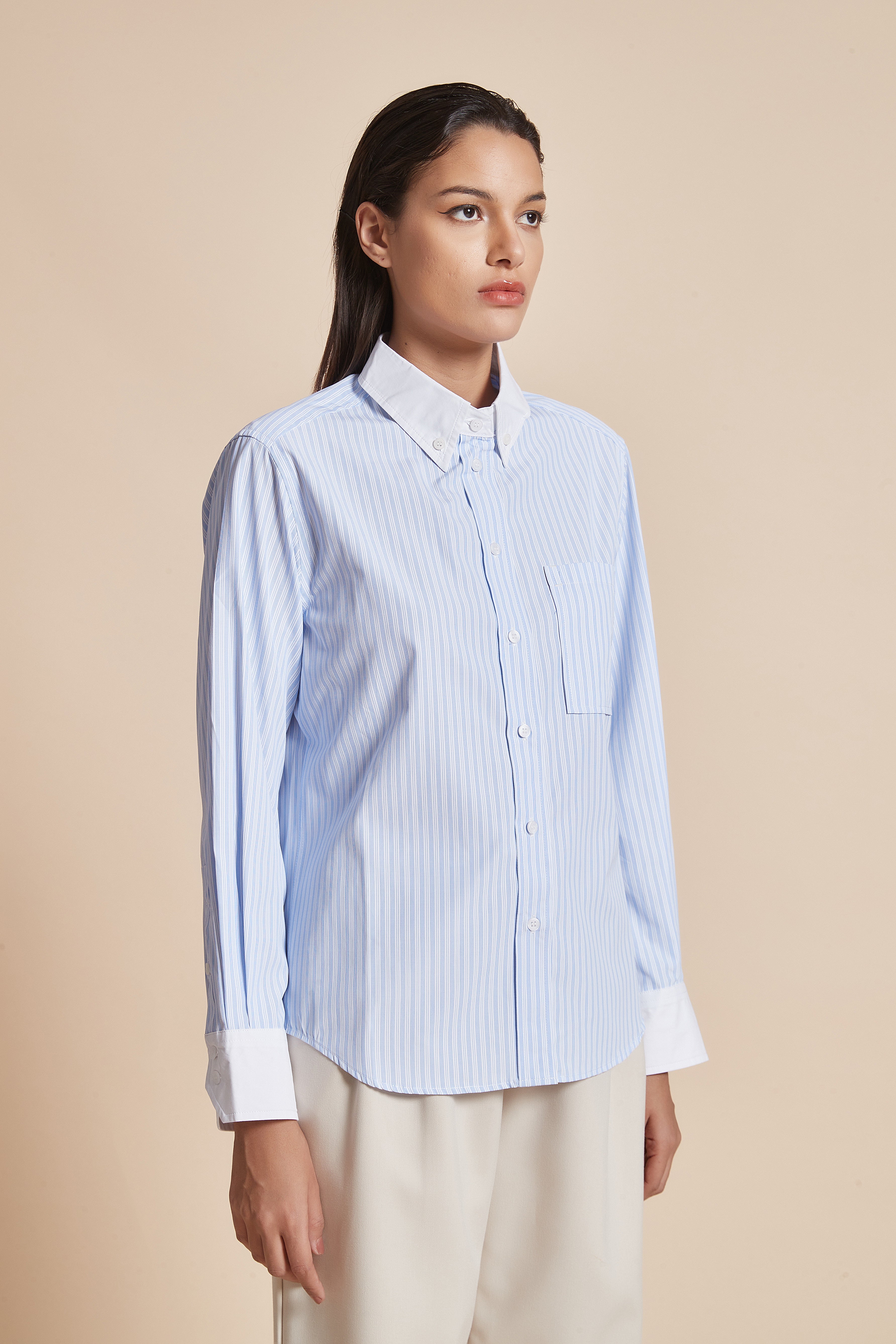 Yola Women's Blouse with Long Sleeves, Shirt Collar, and Vertical Stripes