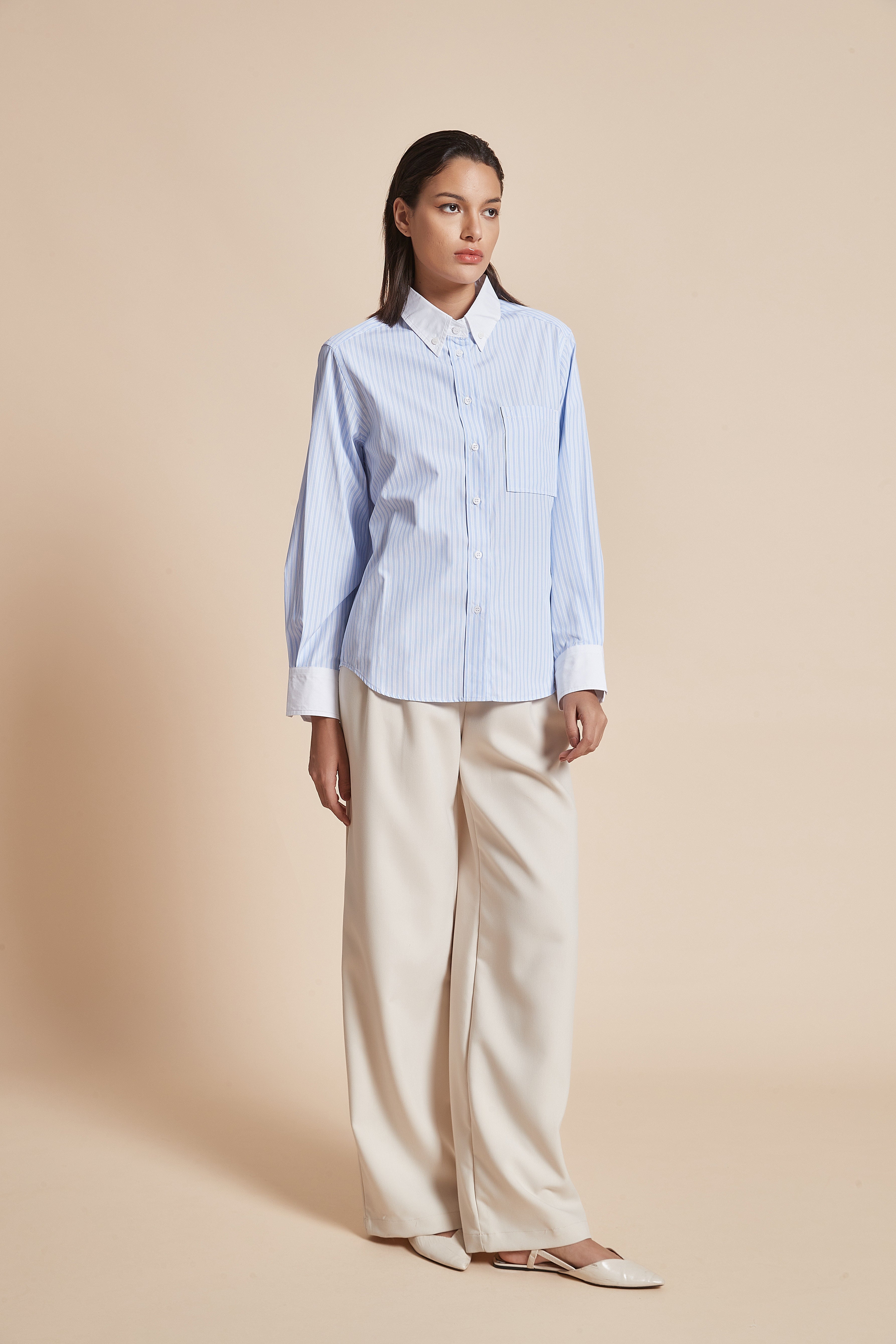 Women'S Blouse With Long Sleeves, Shirt Collar, And Vertical Stripes