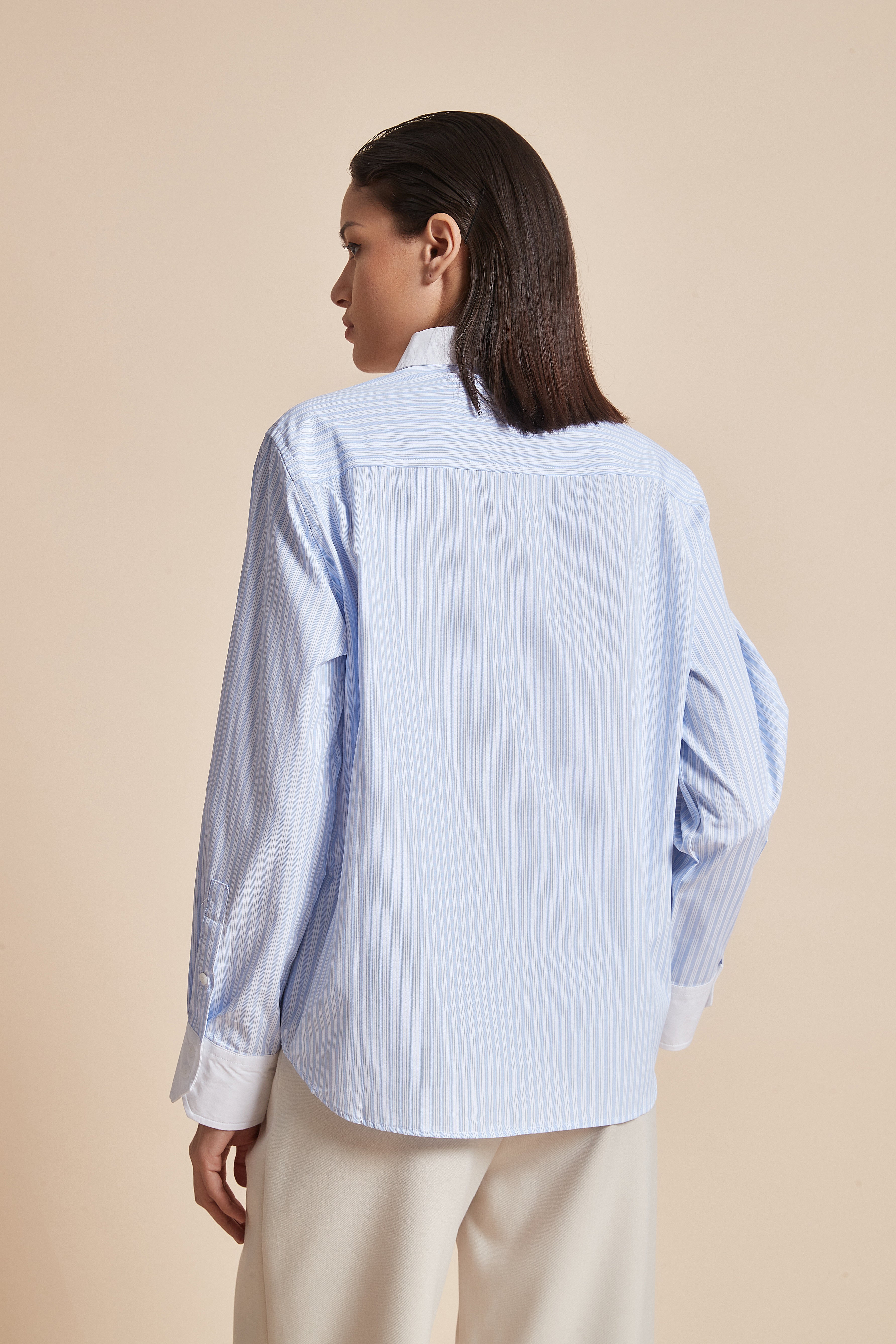 Yola Women's Blouse with Long Sleeves, Shirt Collar, and Vertical Stripes