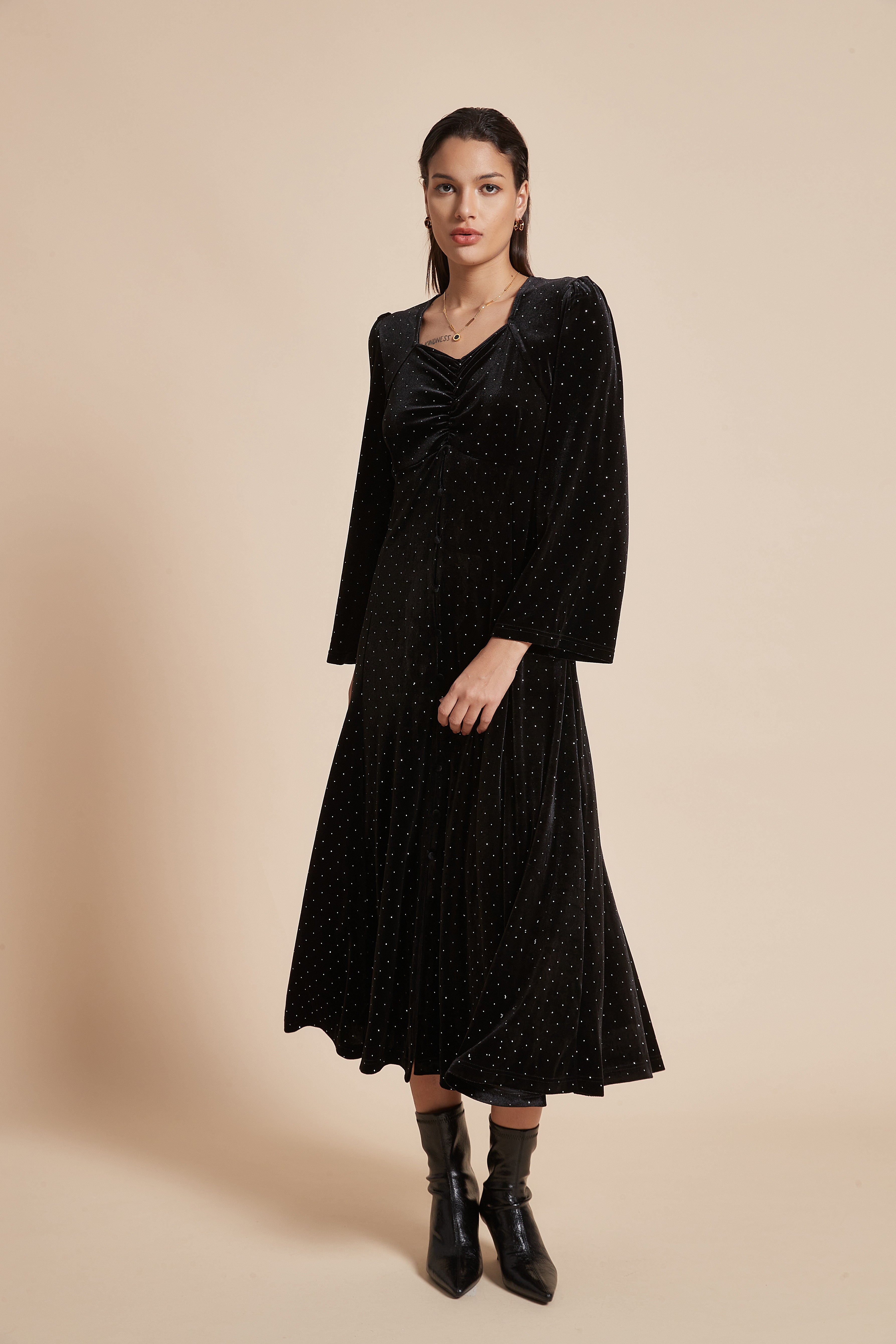 Long Polka Dot Dress With Long Sleeves