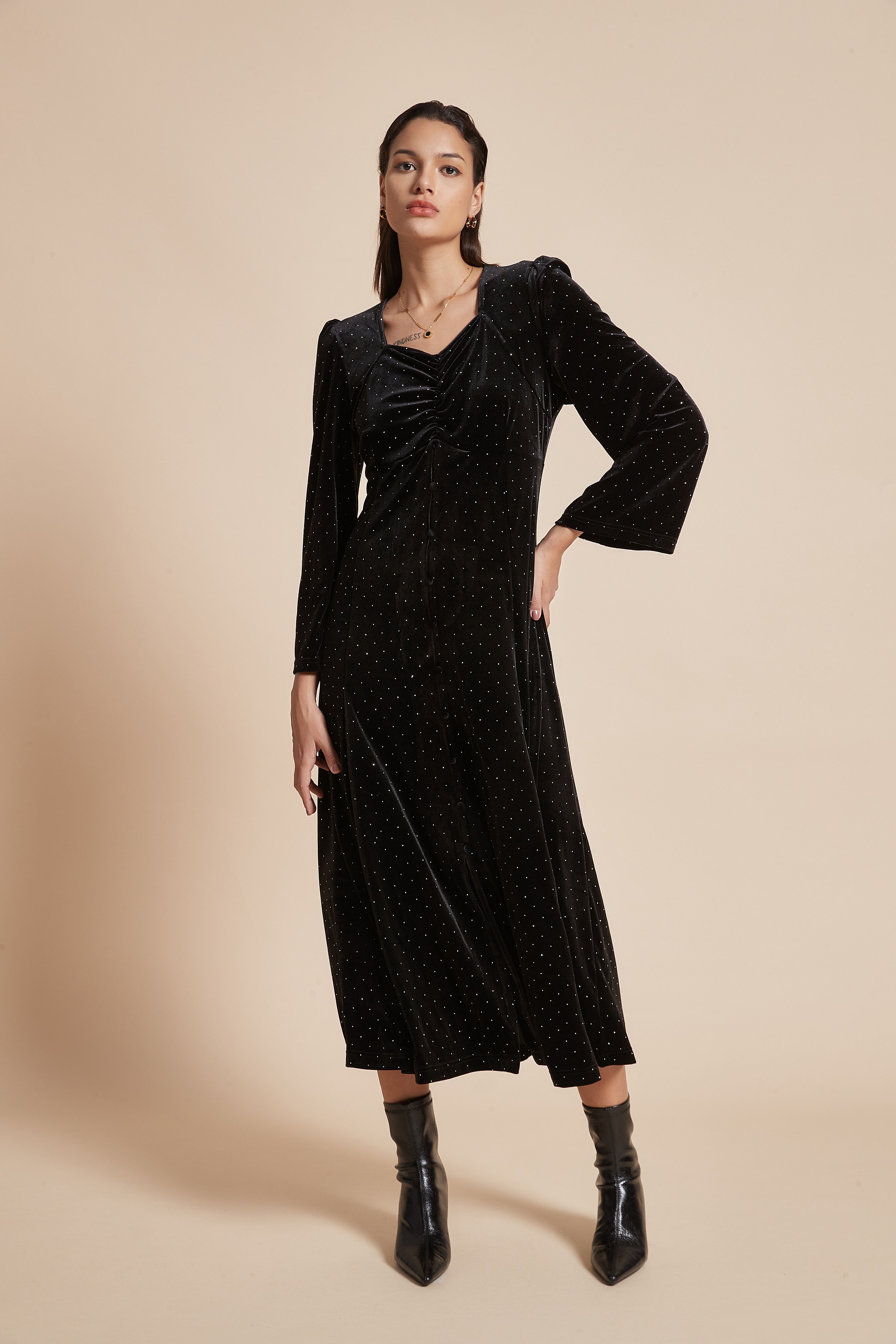 Long Polka Dot Dress With Long Sleeves