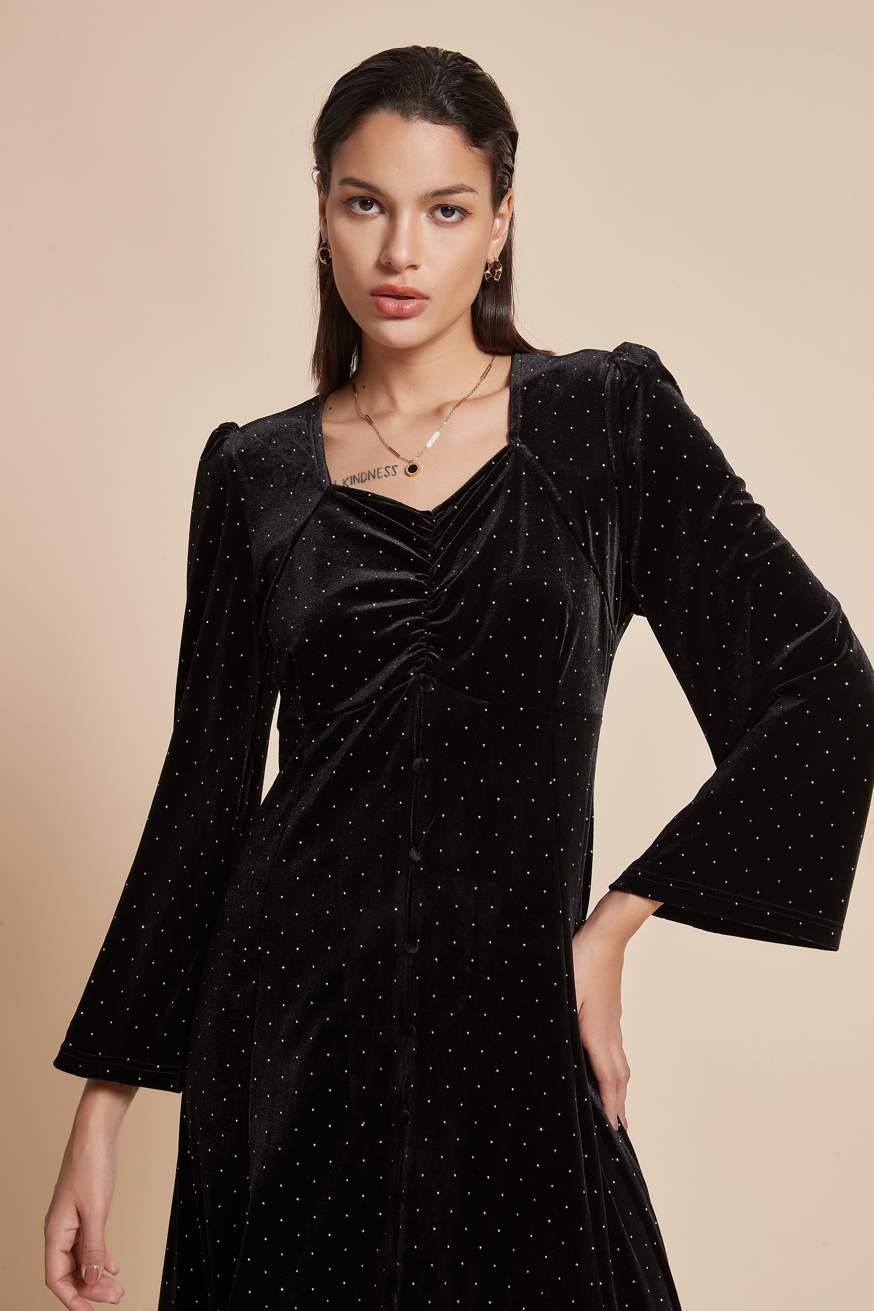 Long Polka Dot Dress With Long Sleeves