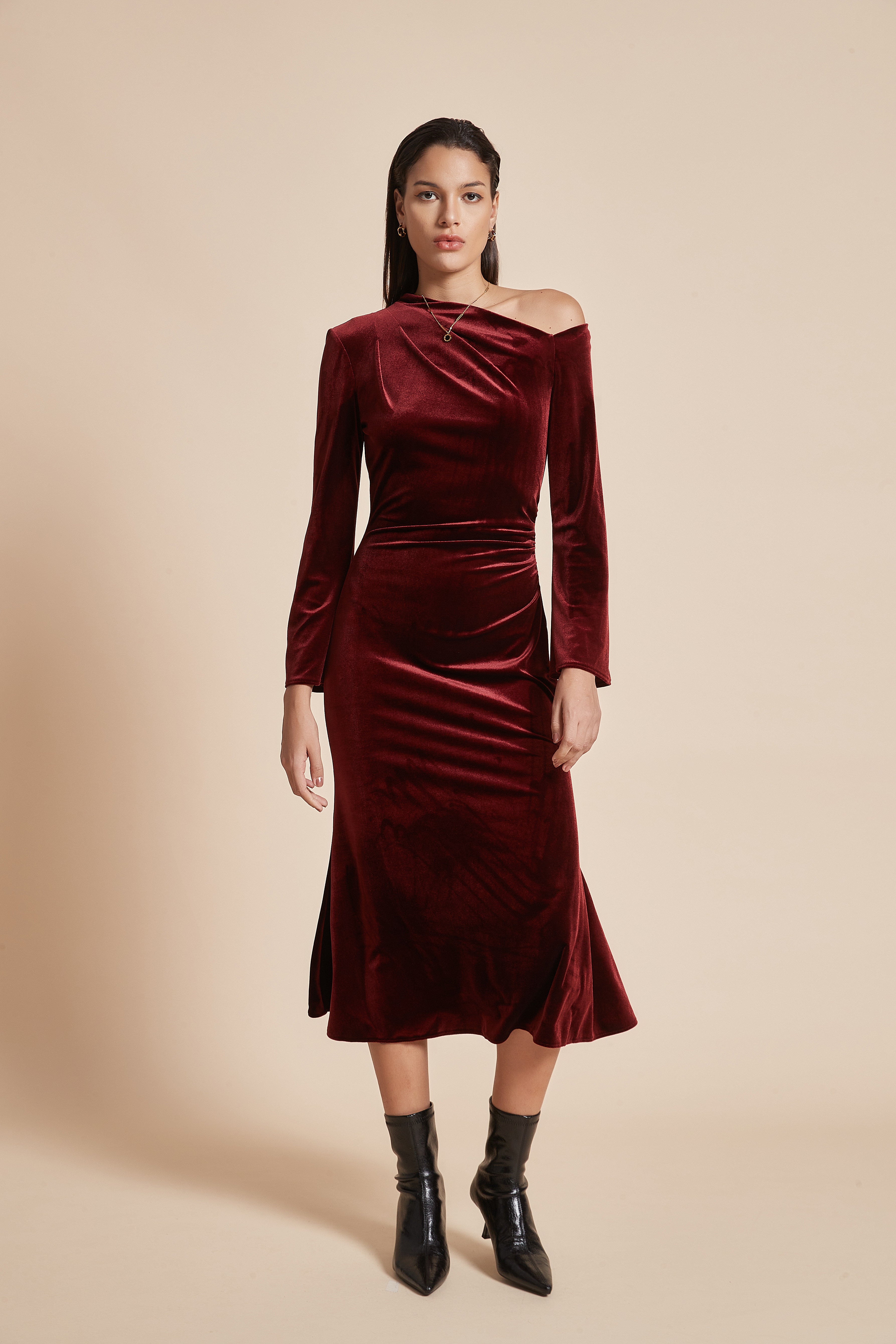 Plain Off-Shoulder Midi Women's Dress with Long Sleeves