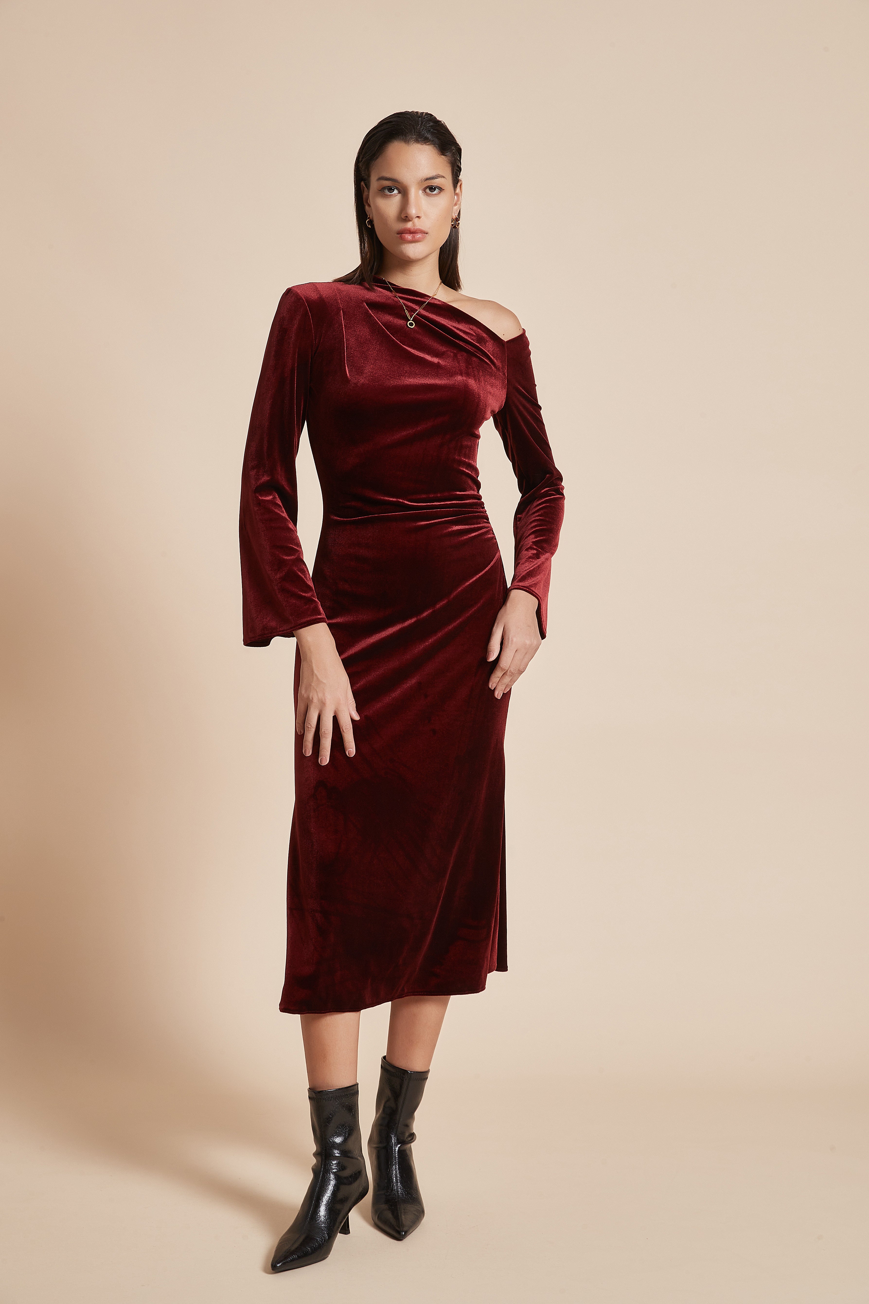 Plain Off-Shoulder Midi Women's Dress with Long Sleeves