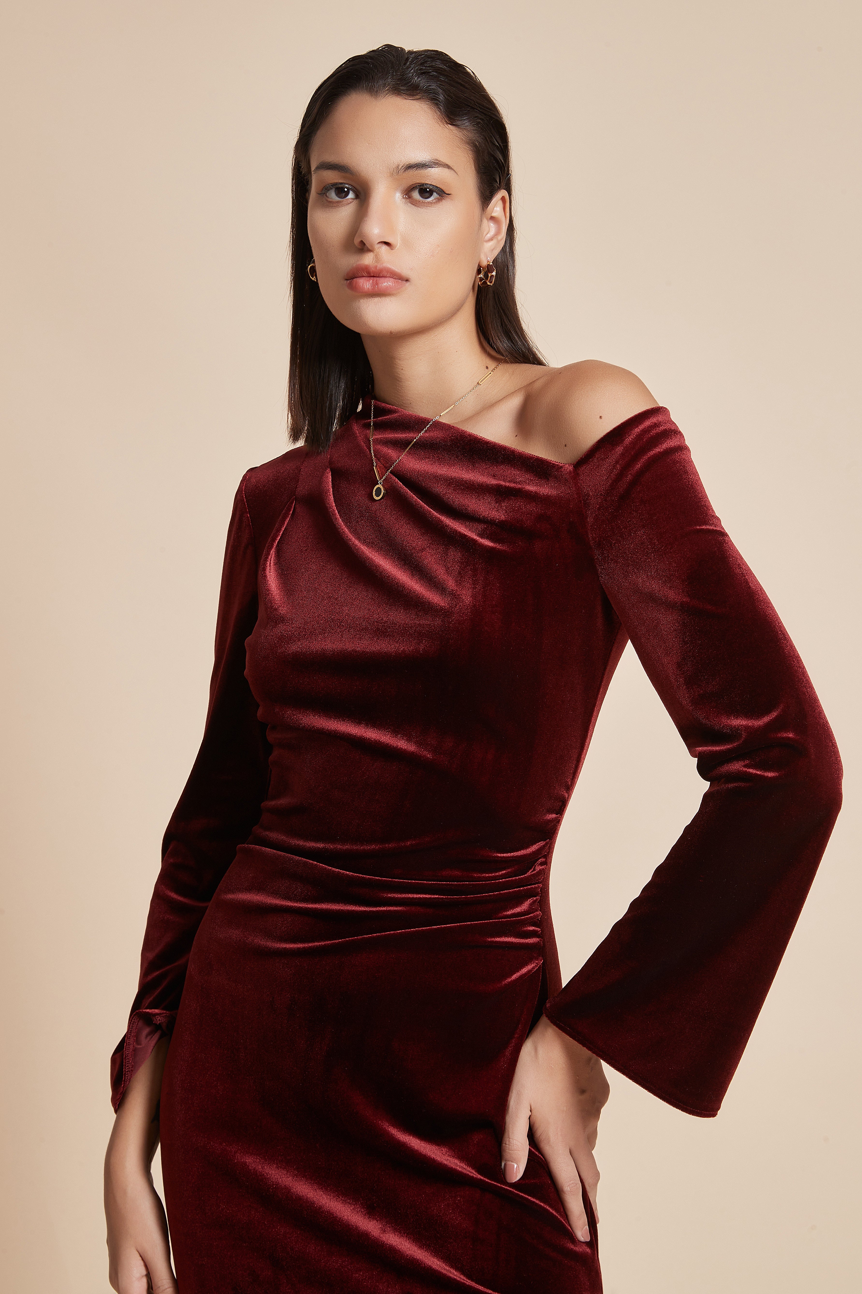 Plain Off-Shoulder Midi Women's Dress with Long Sleeves