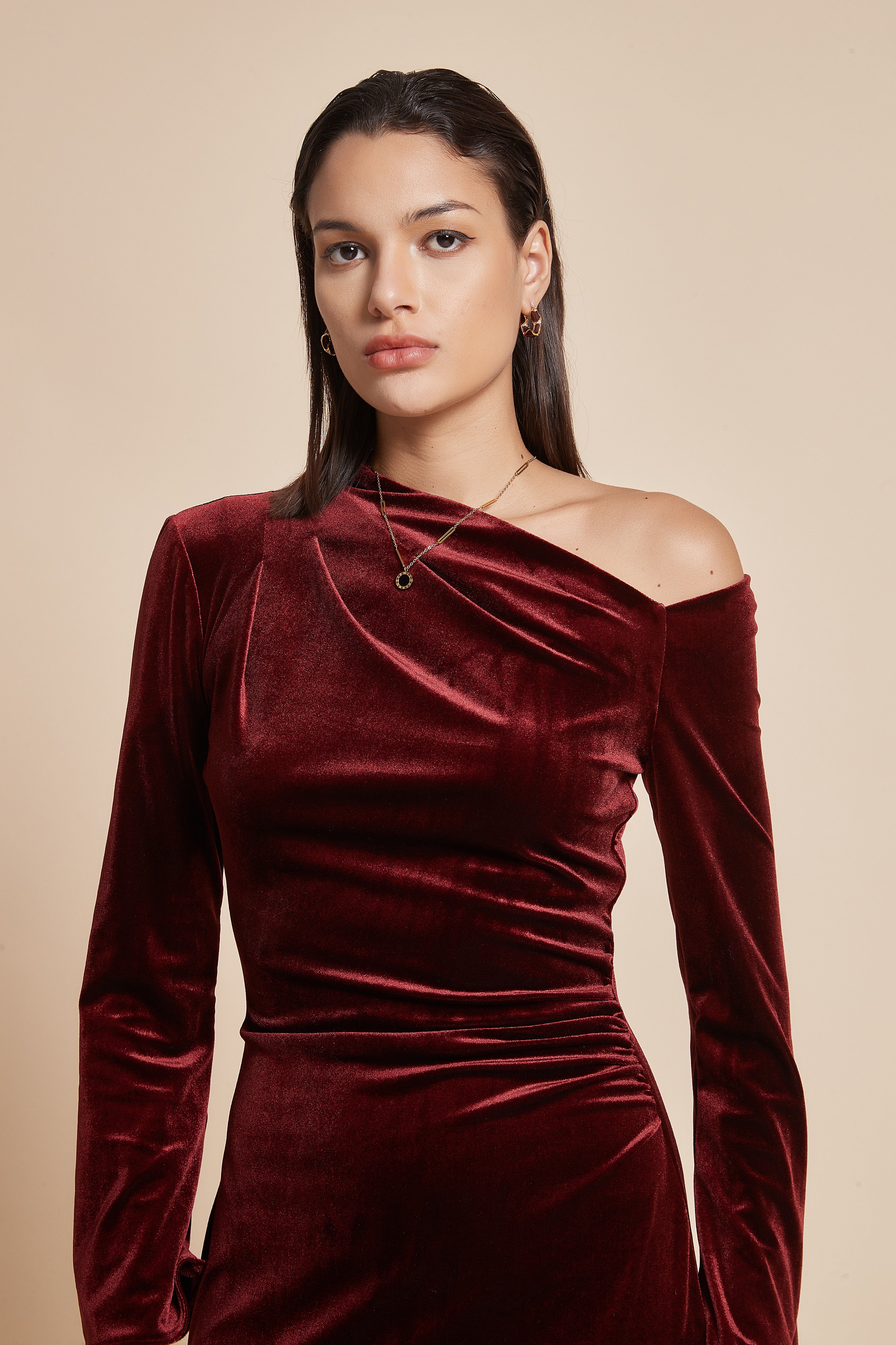 Plain Off-Shoulder Midi Women's Dress with Long Sleeves