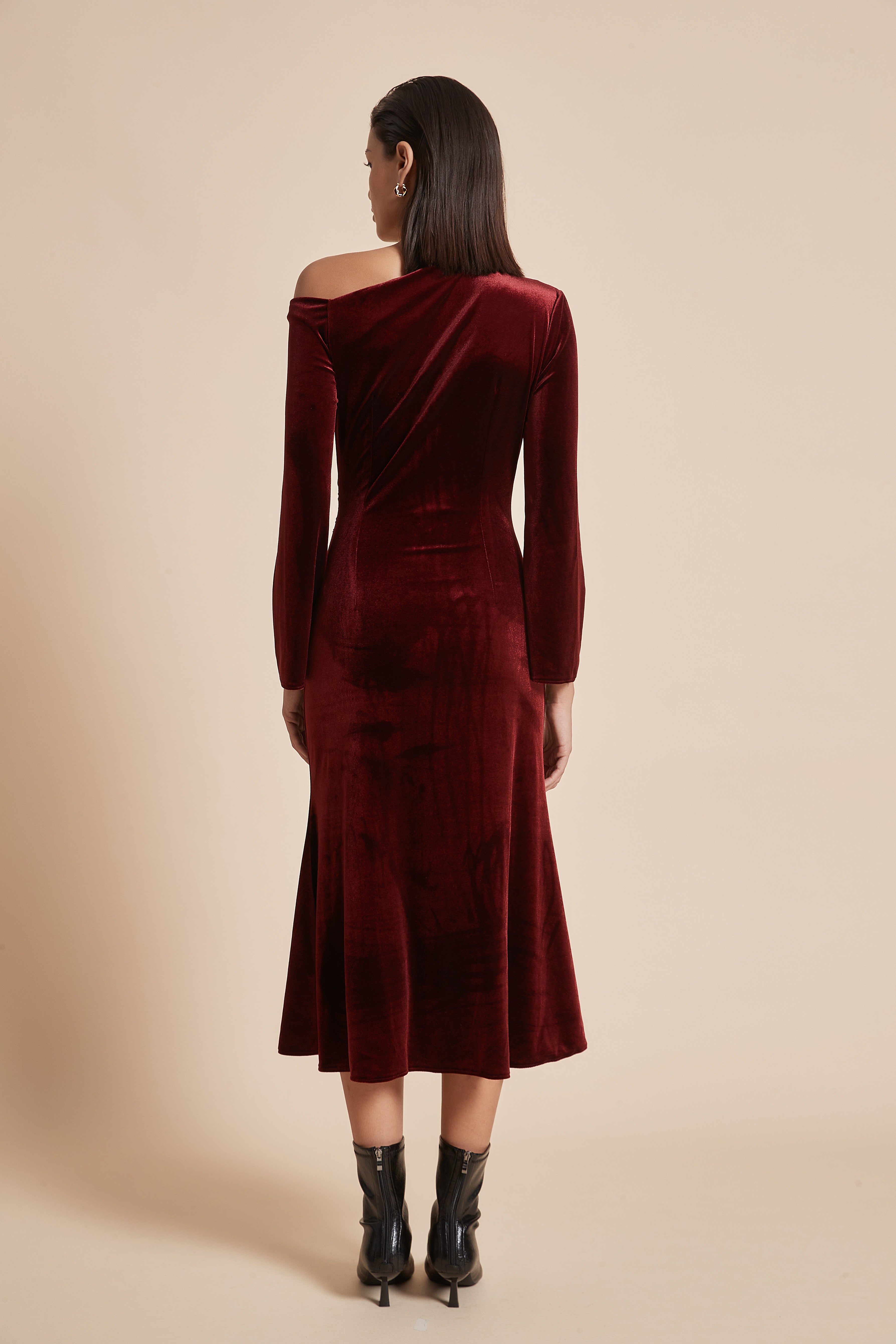Plain Off-Shoulder Midi Women's Dress with Long Sleeves