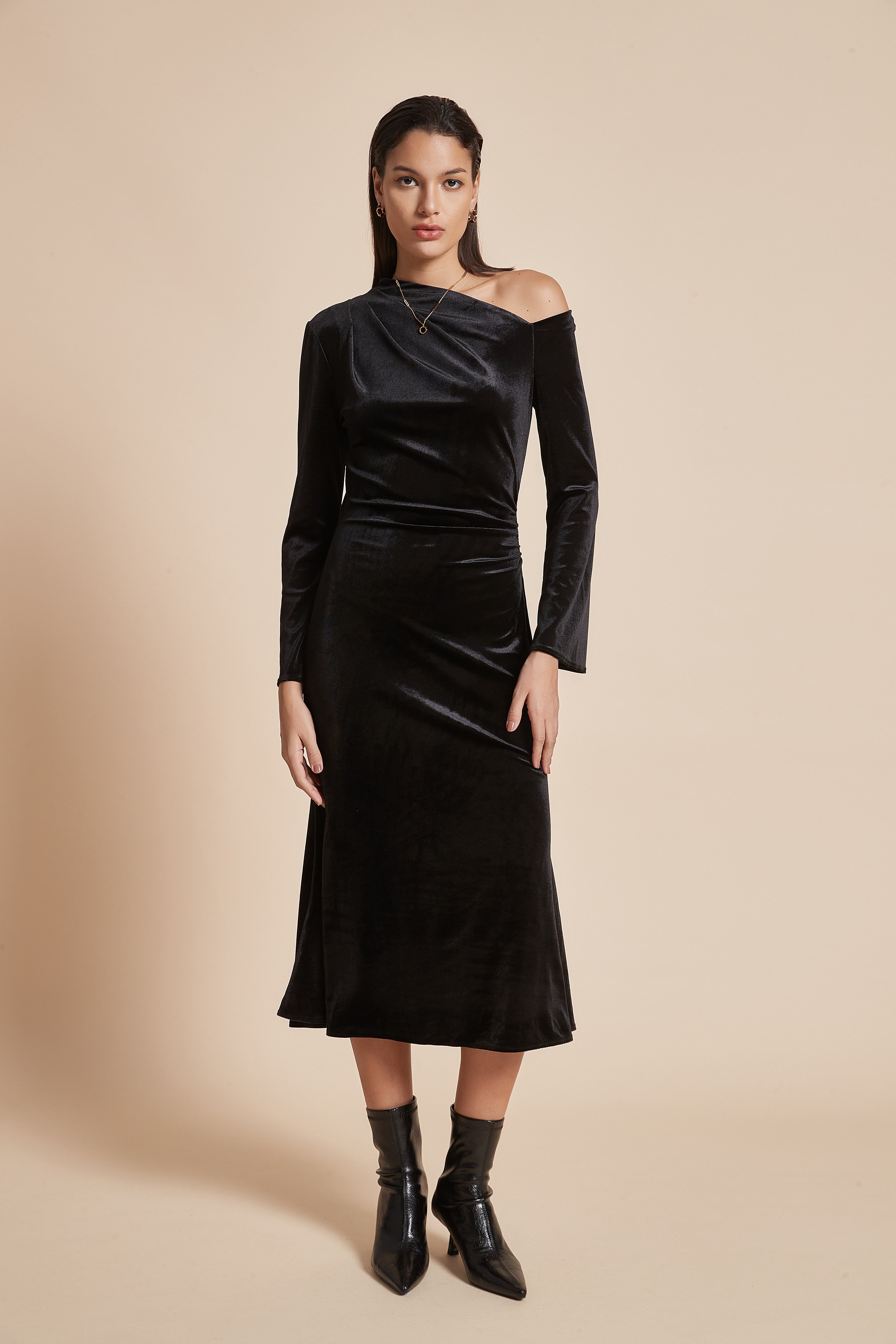 Plain Off-Shoulder Midi Women'S Dress With Long Sleeves