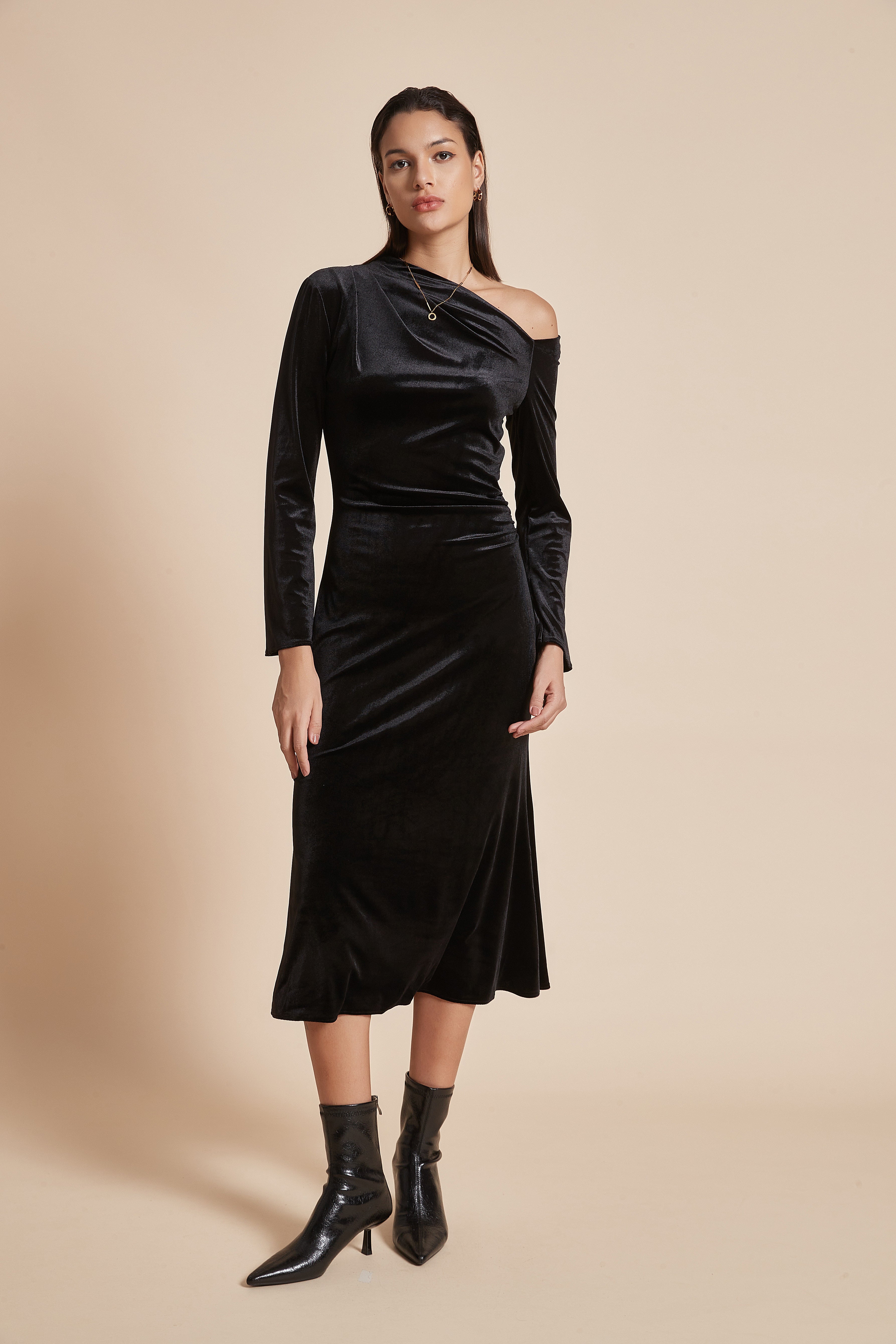 Plain Off-Shoulder Midi Women'S Dress With Long Sleeves