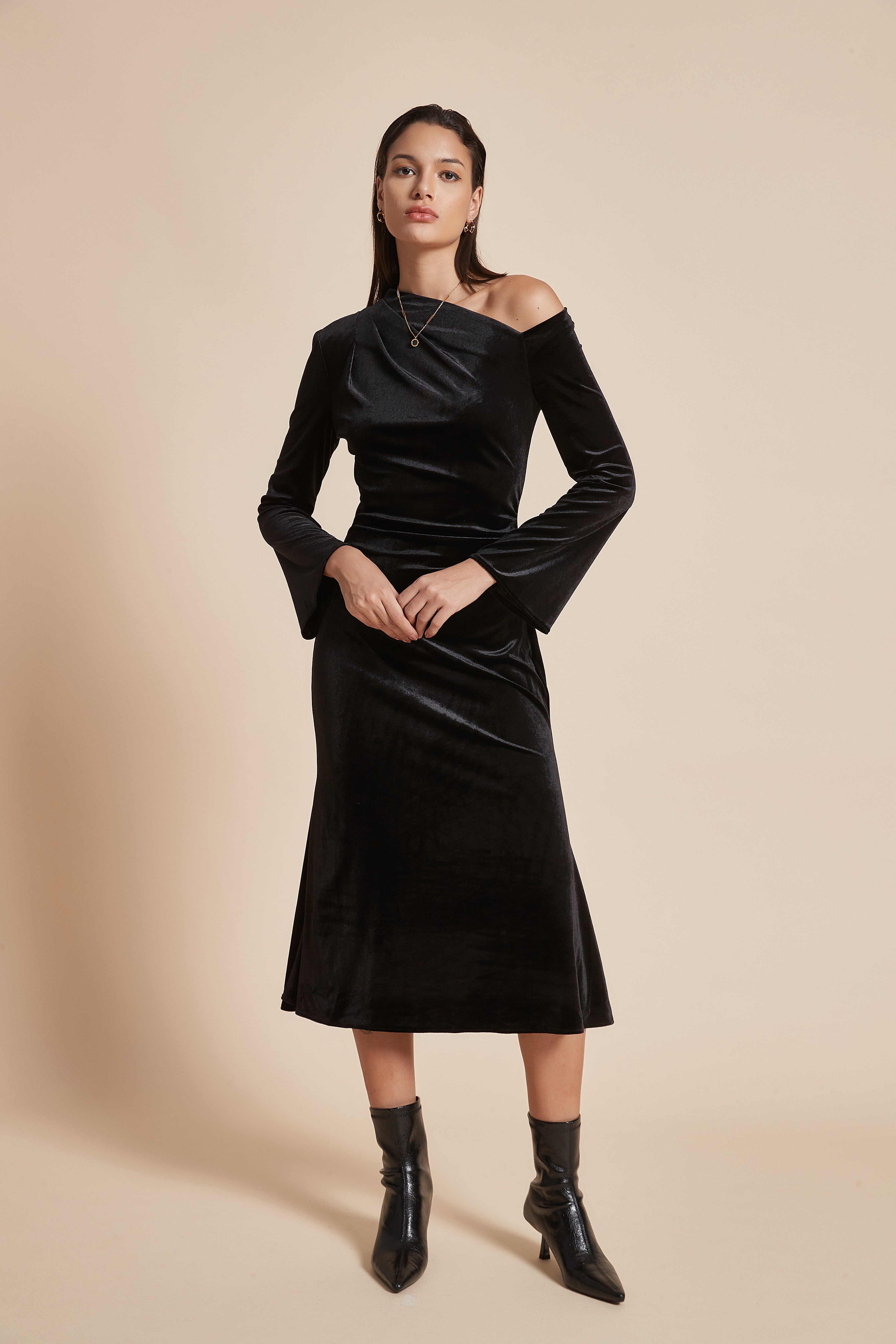 Plain Off-Shoulder Midi Women'S Dress With Long Sleeves