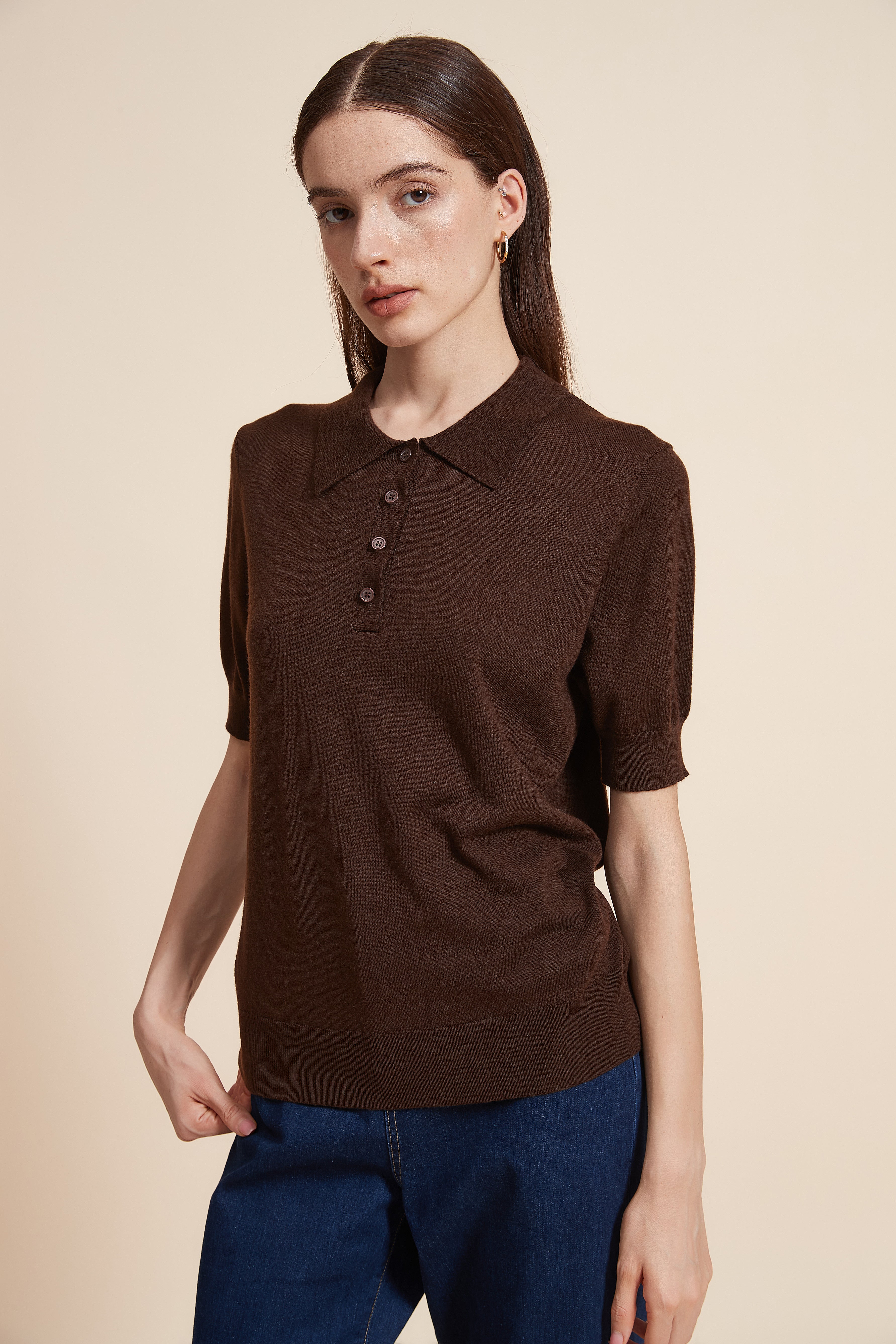 Plain Half Sleeve Blouse With Polo Collar