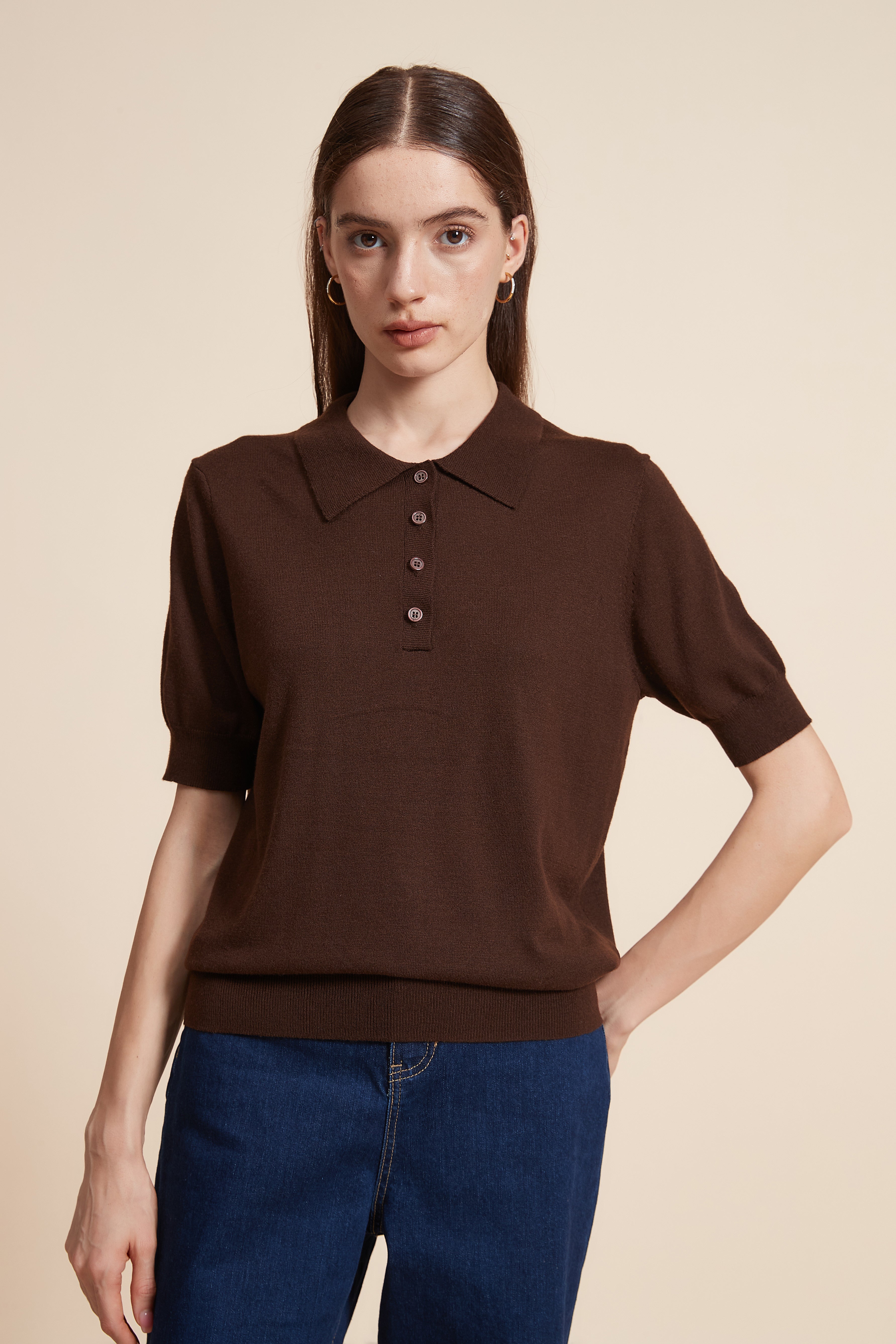 Plain Half Sleeve Blouse With Polo Collar