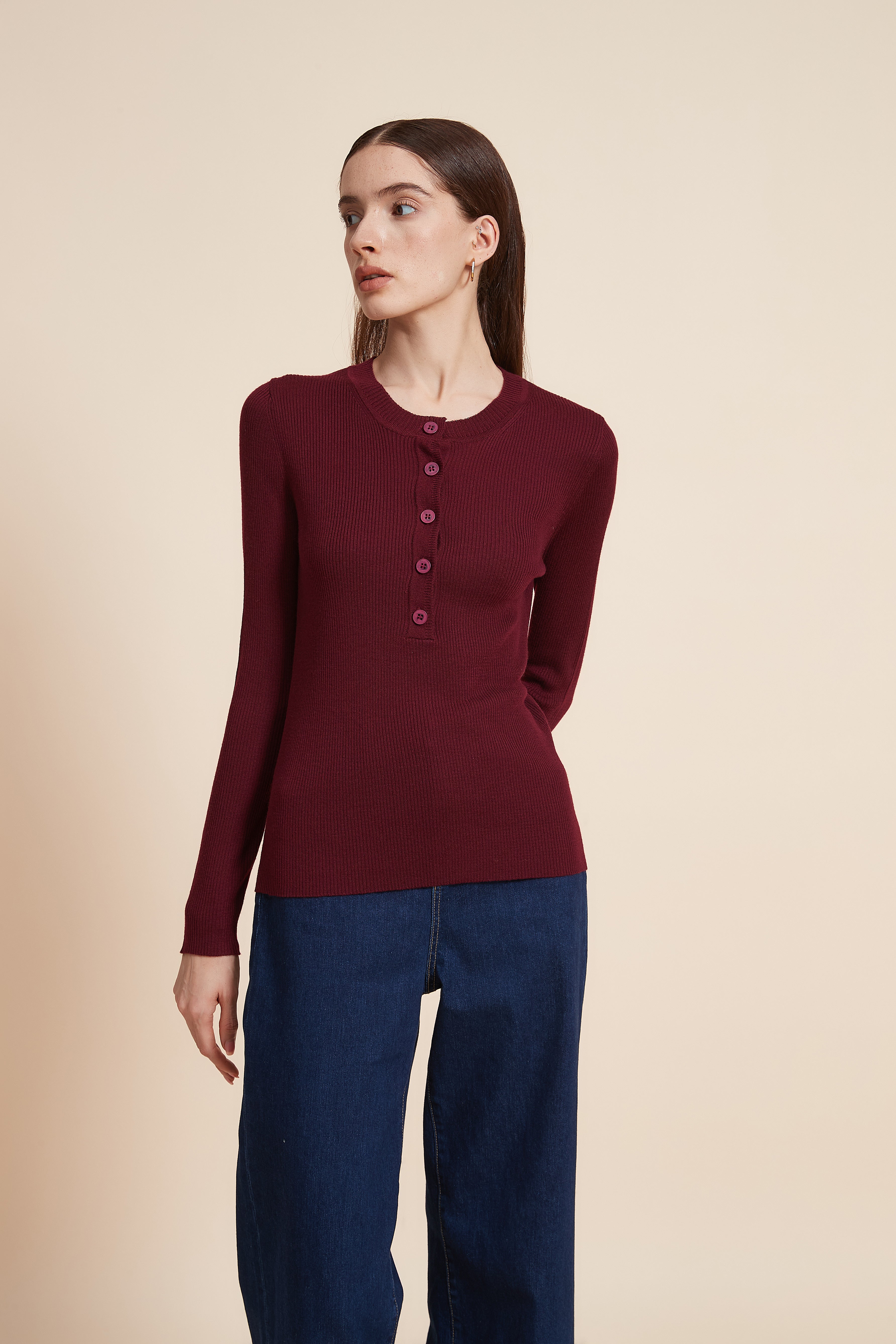 Plain Long Sleeve Blouse with Front Buttons