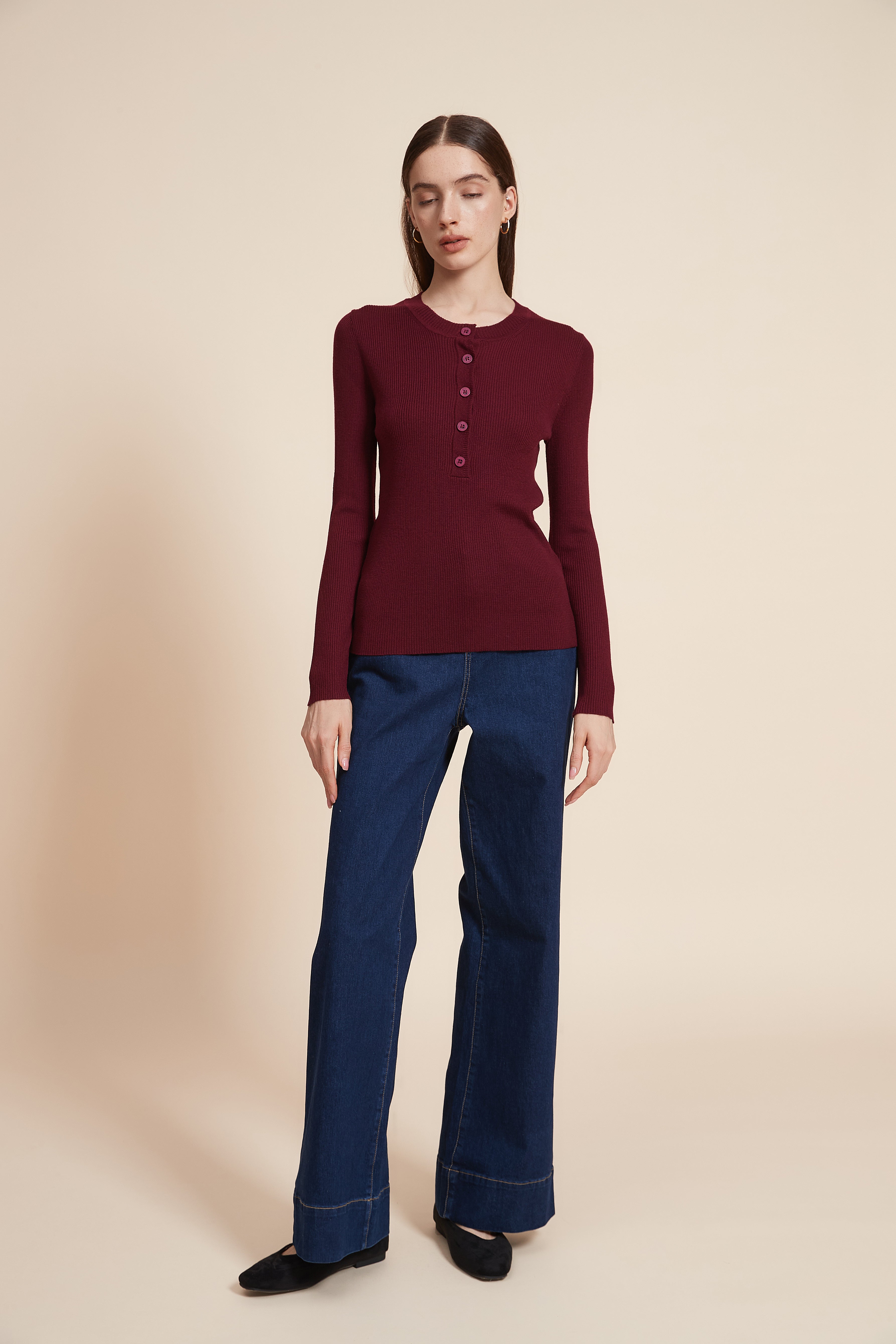 Plain Long Sleeve Blouse with Front Buttons