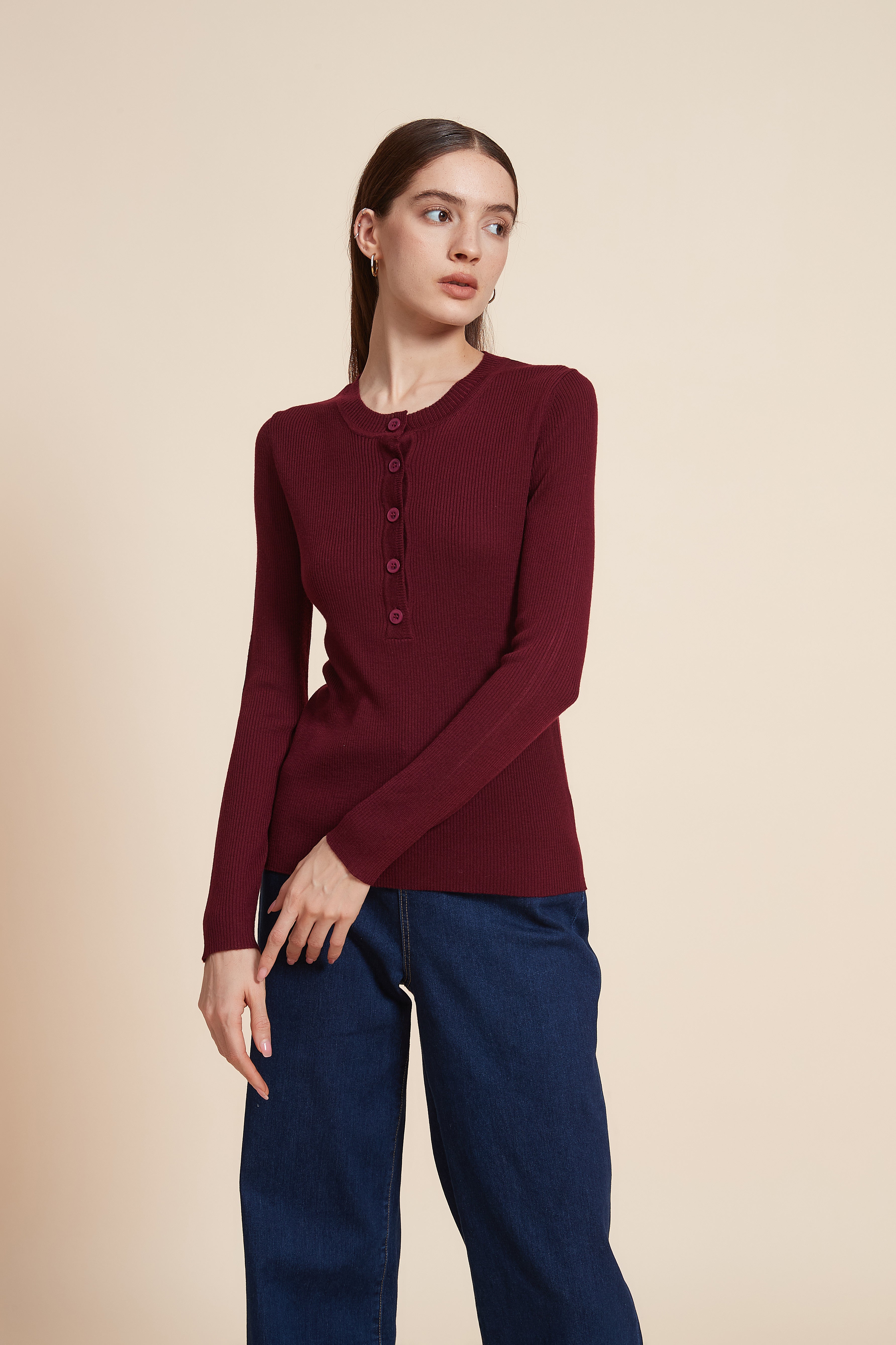 Plain Long Sleeve Blouse with Front Buttons
