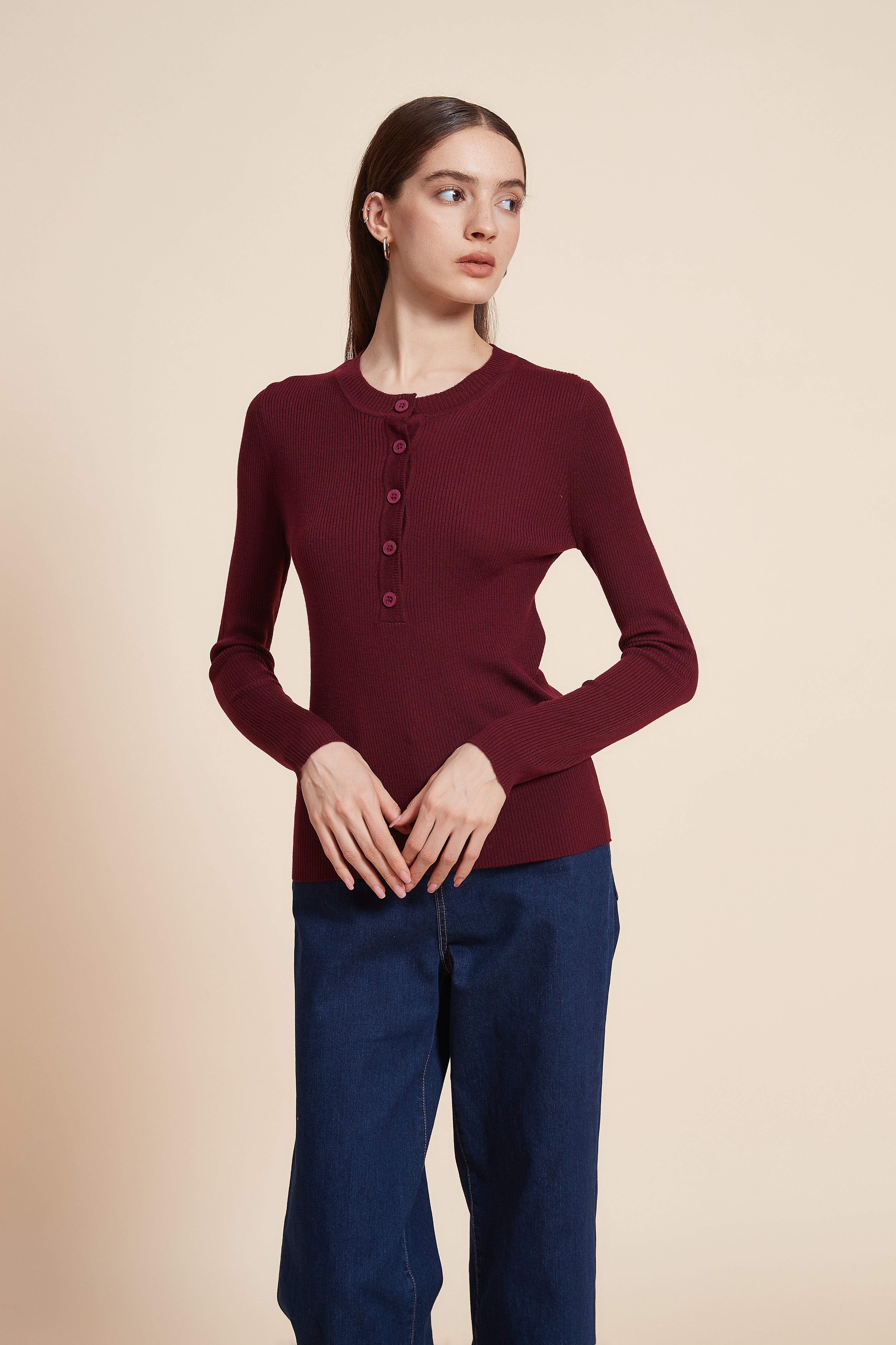 Plain Long Sleeve Blouse with Front Buttons