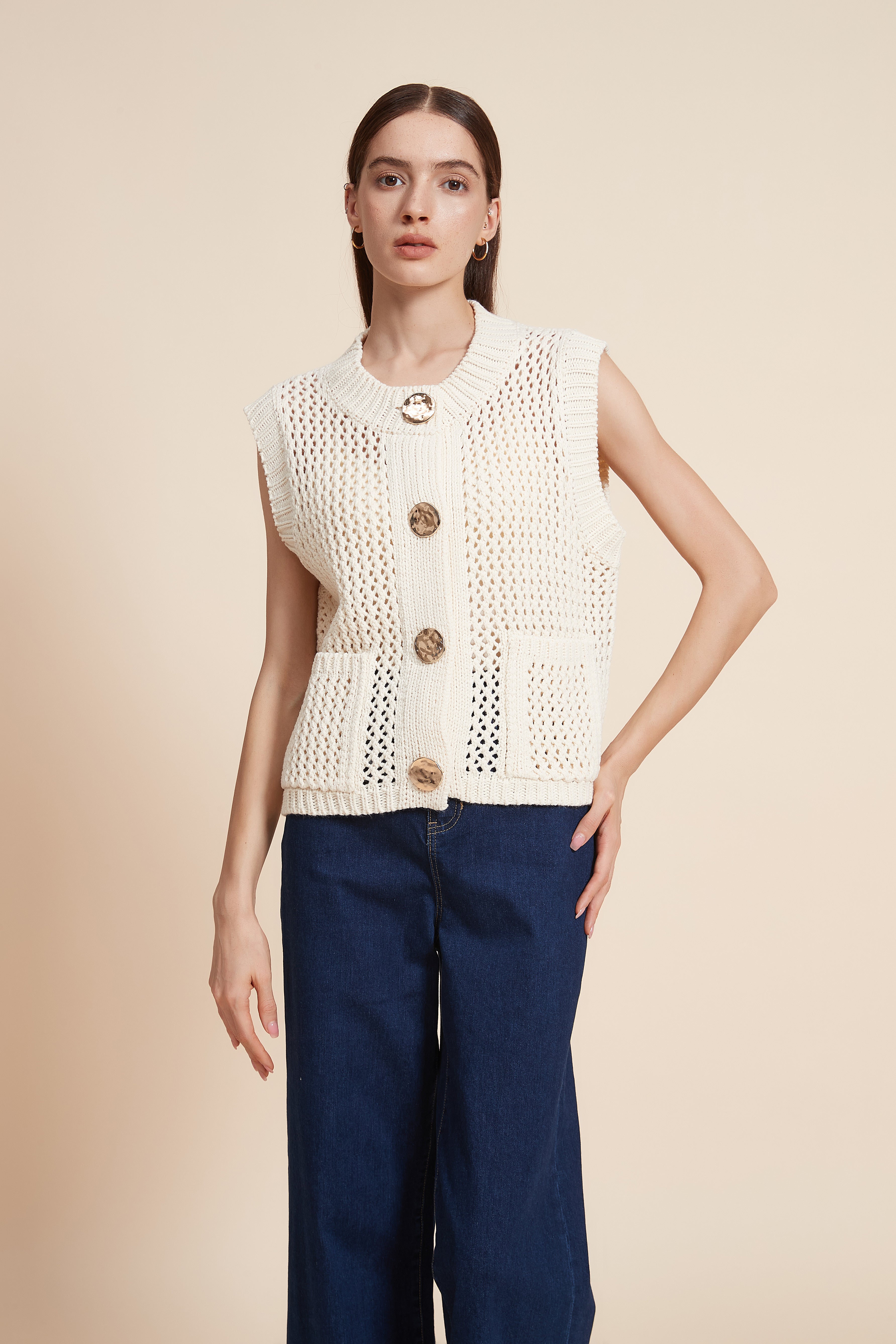 Sleeveless Crochet Sweater With Front Buttons
