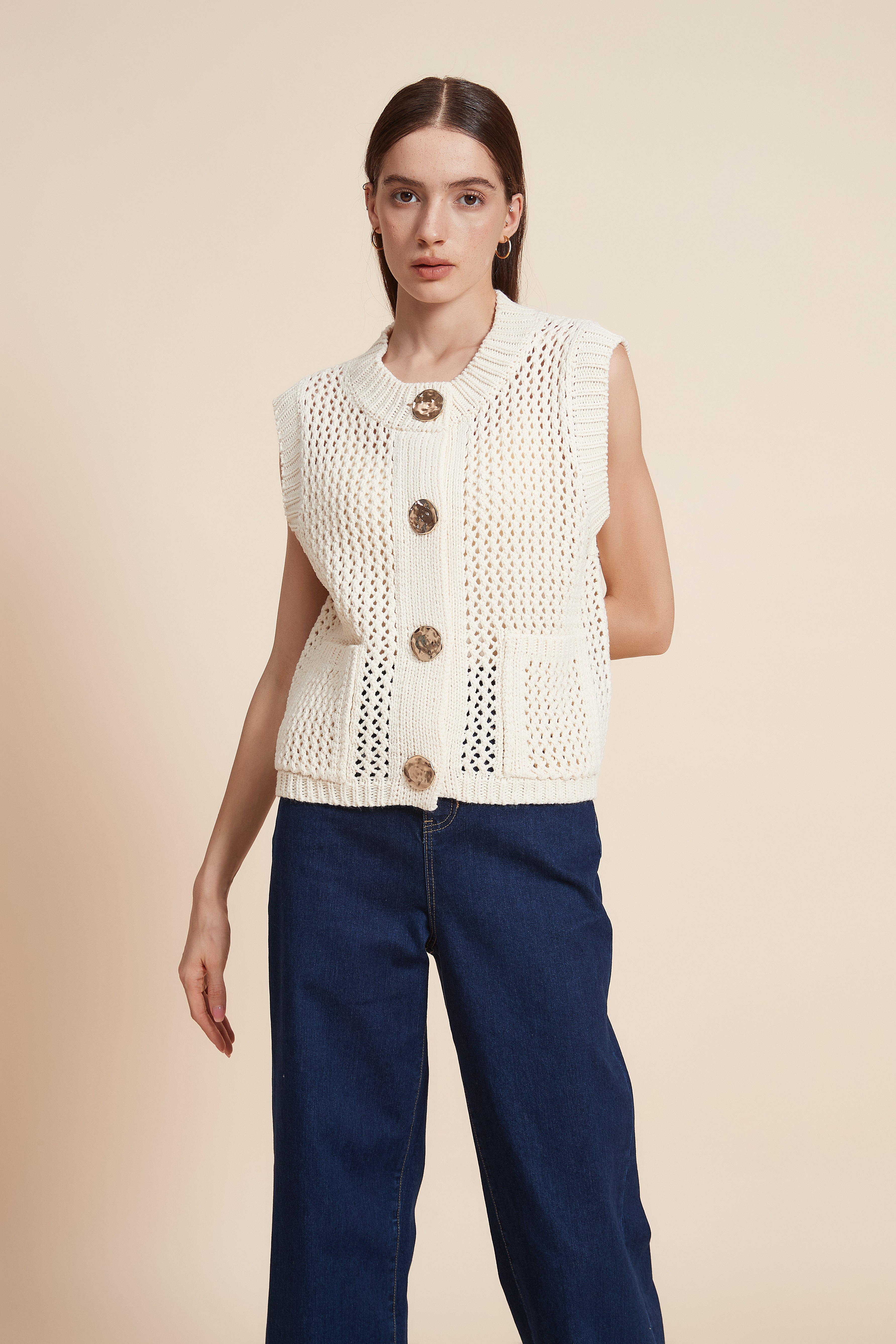 Sleeveless Crochet Sweater With Front Buttons