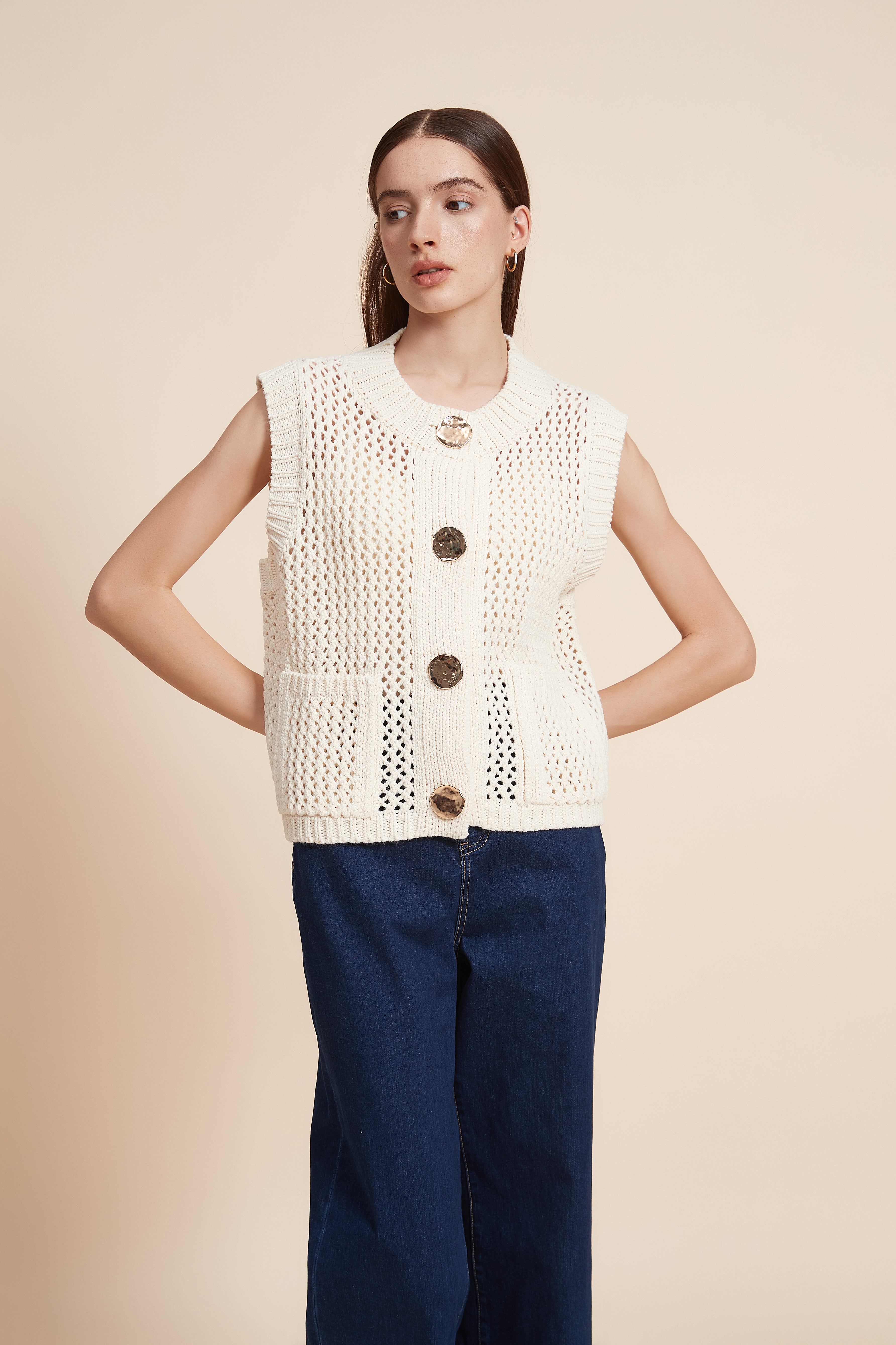 Sleeveless Crochet Sweater With Front Buttons