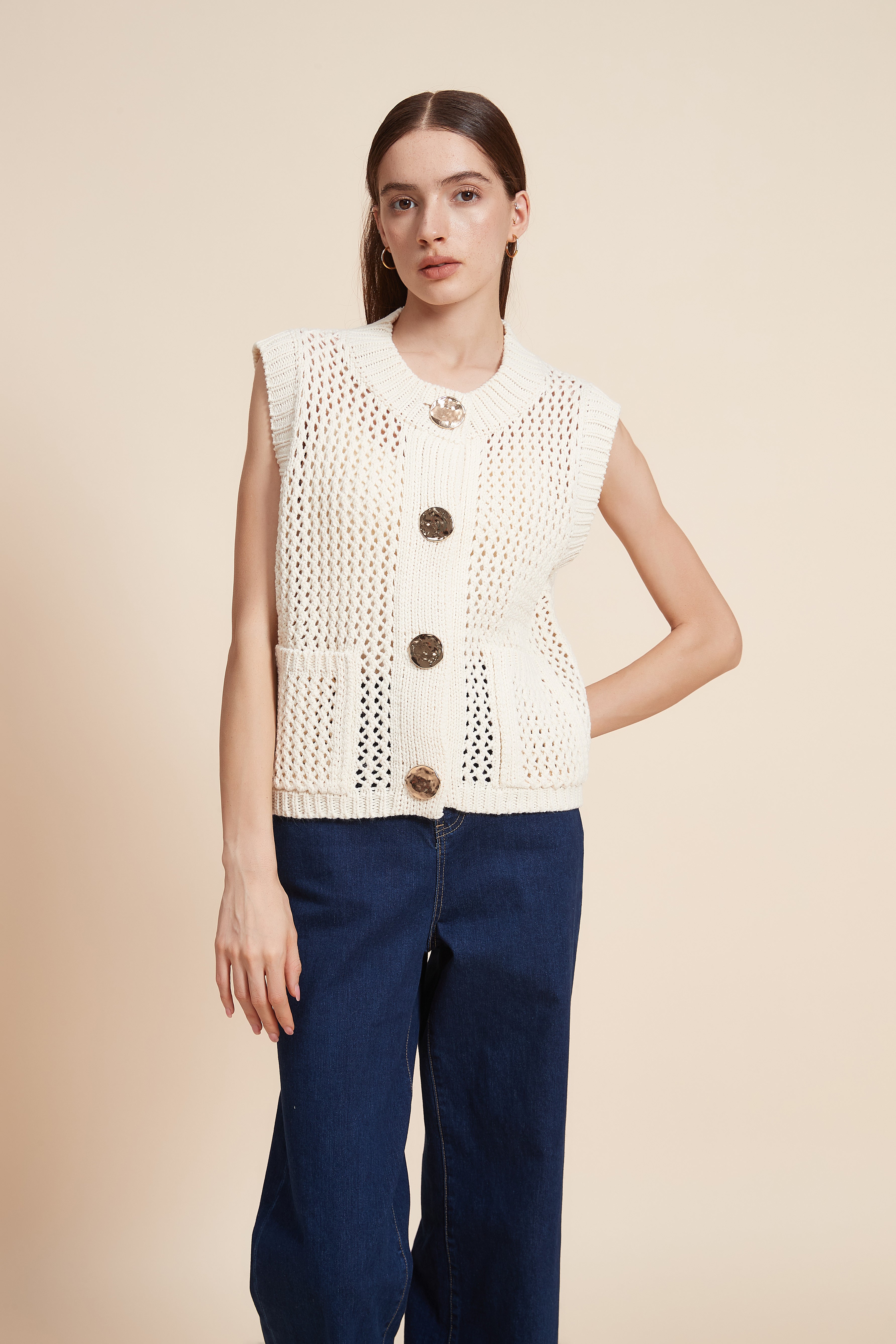 Sleeveless Crochet Sweater With Front Buttons