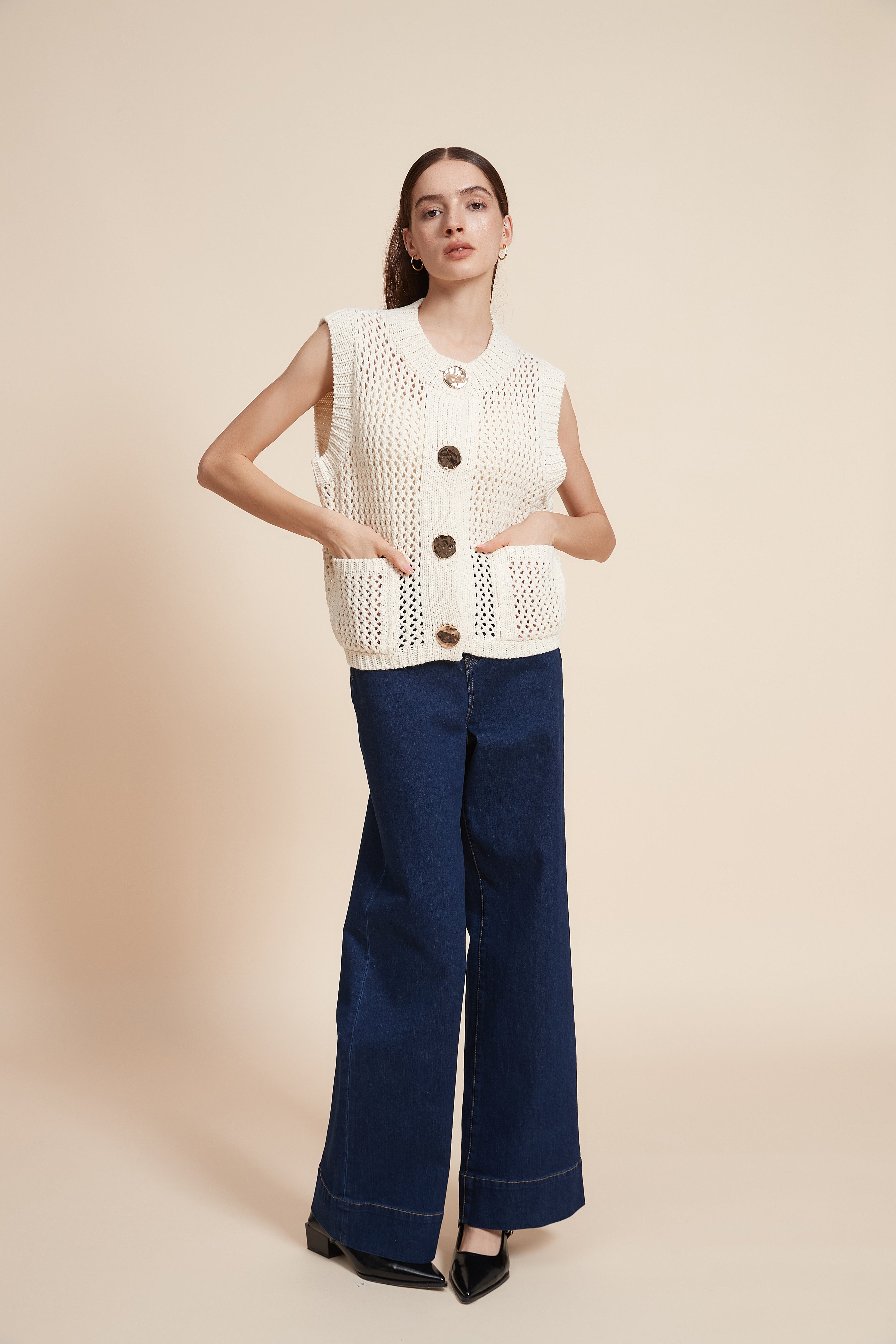 Sleeveless Crochet Sweater With Front Buttons