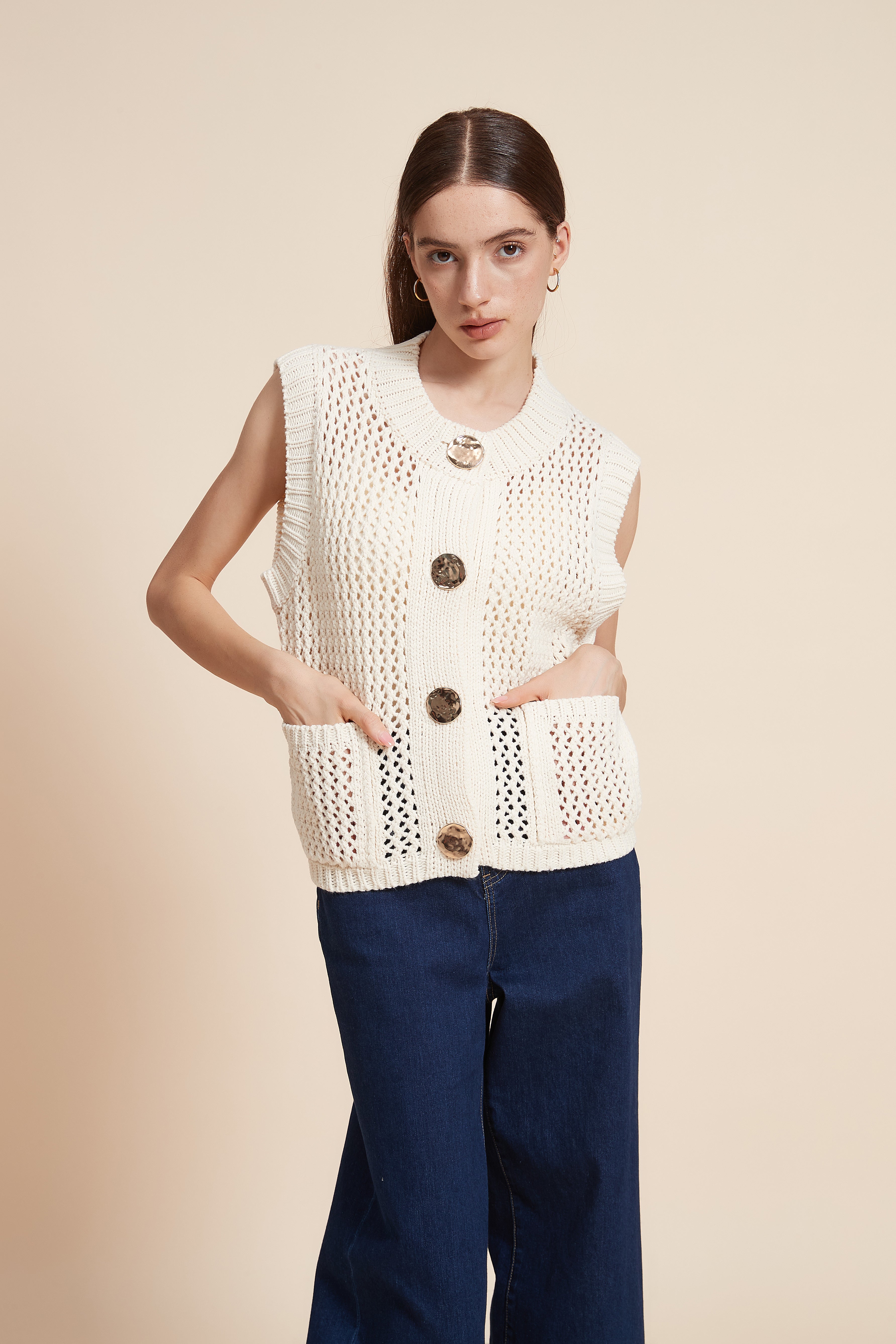 Sleeveless Crochet Sweater With Front Buttons