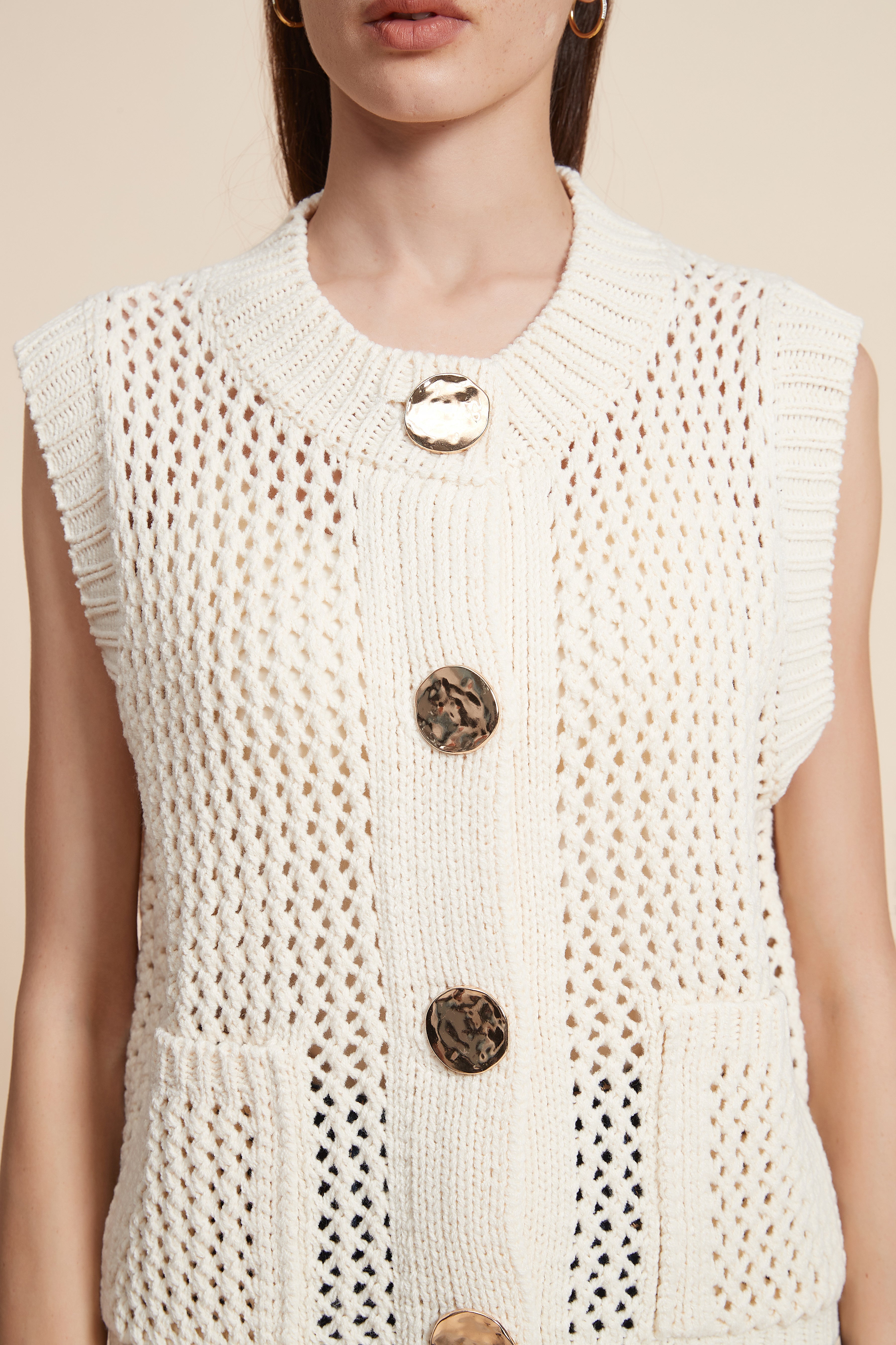 Sleeveless Crochet Sweater With Front Buttons