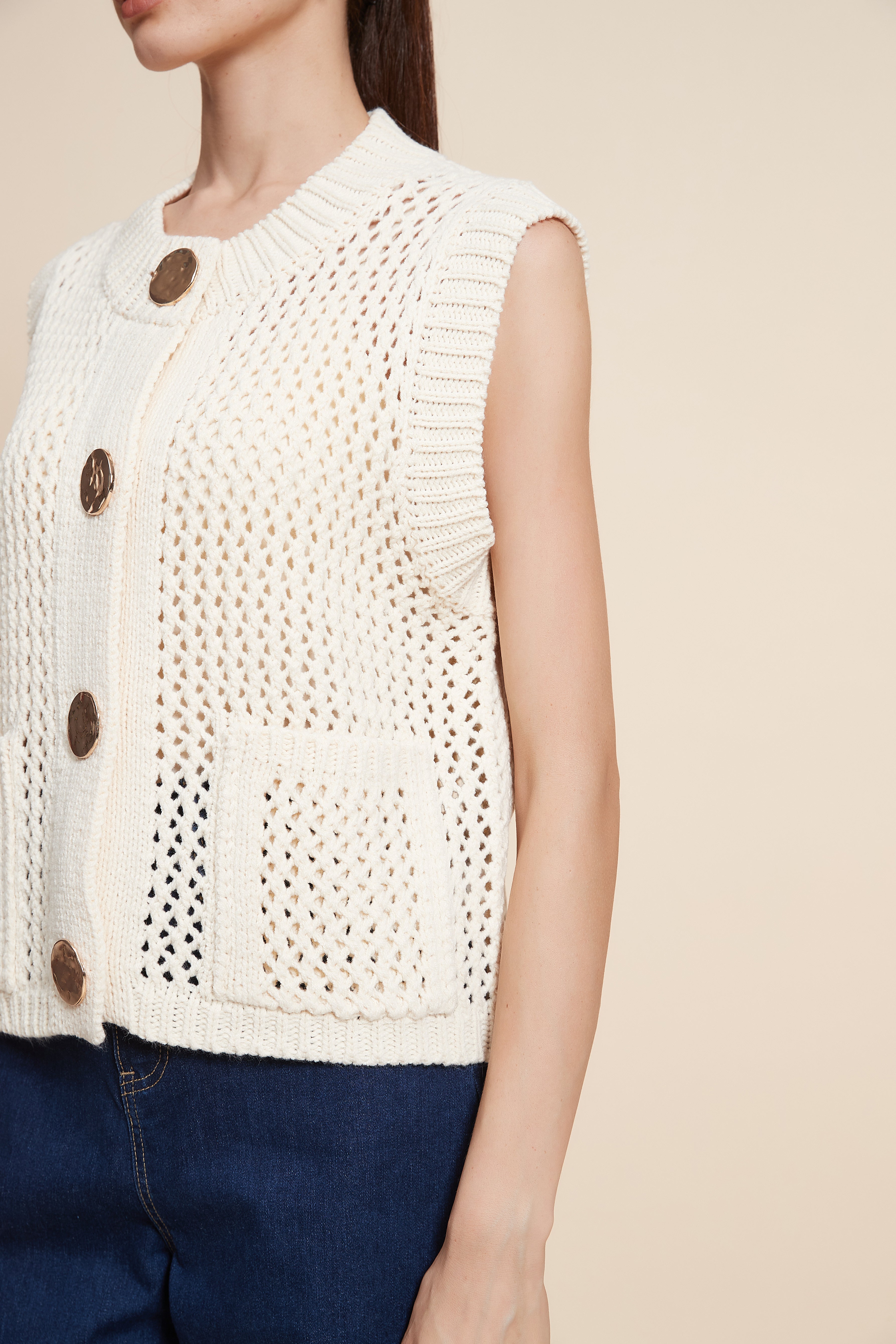 Sleeveless Crochet Sweater With Front Buttons