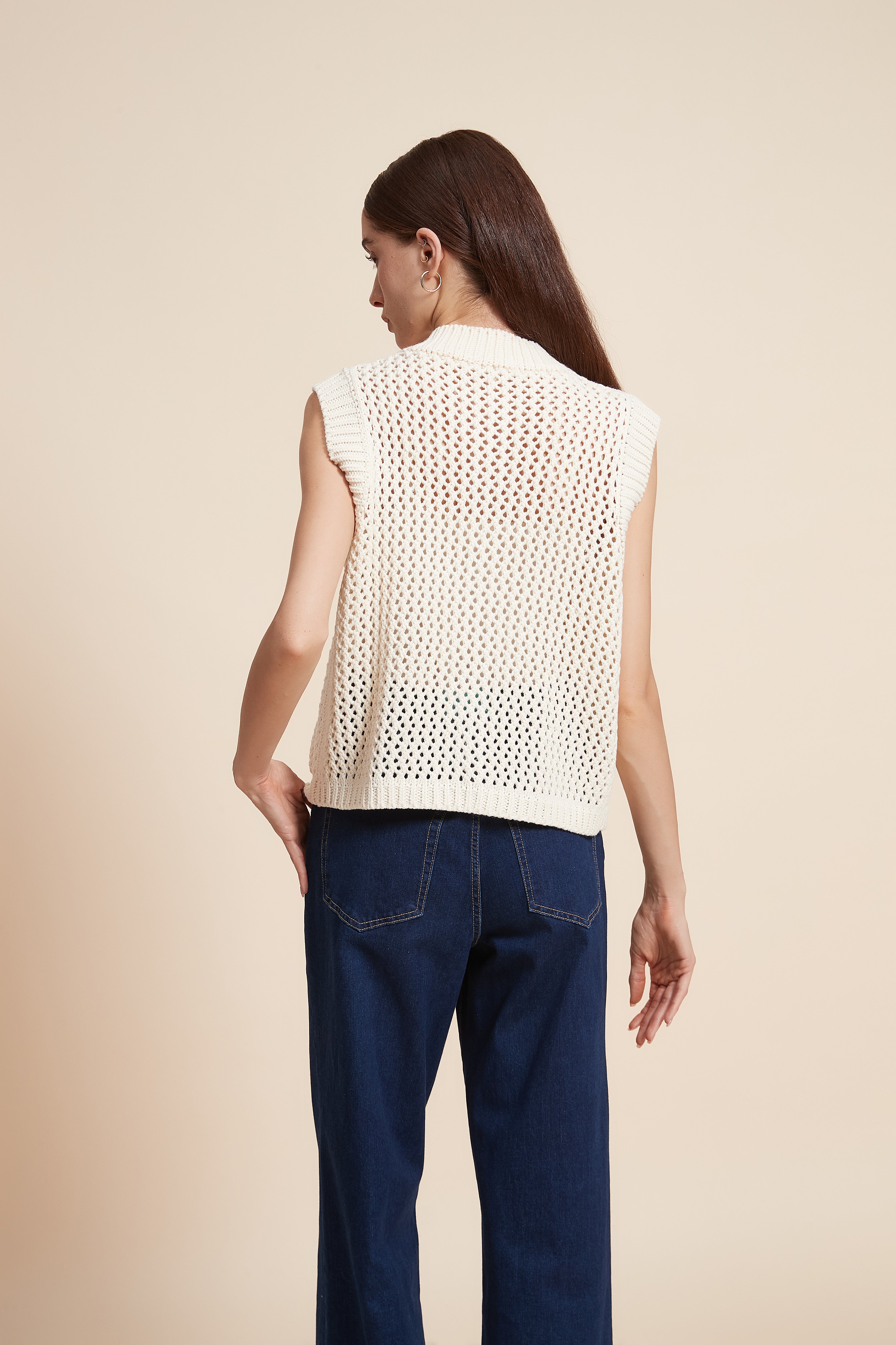 Sleeveless Crochet Sweater With Front Buttons