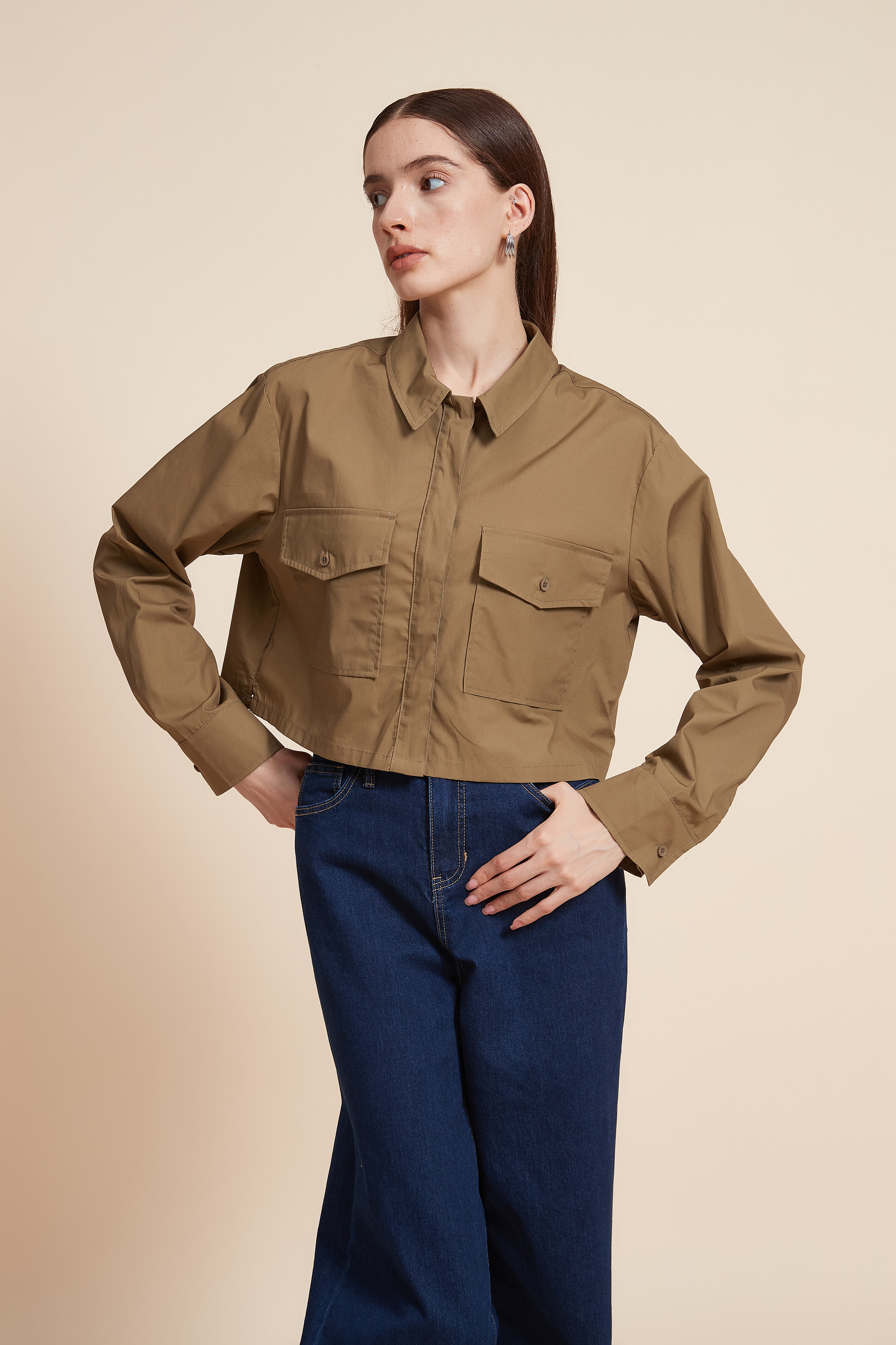 Plain Short Sleeve Blouse with Pockets