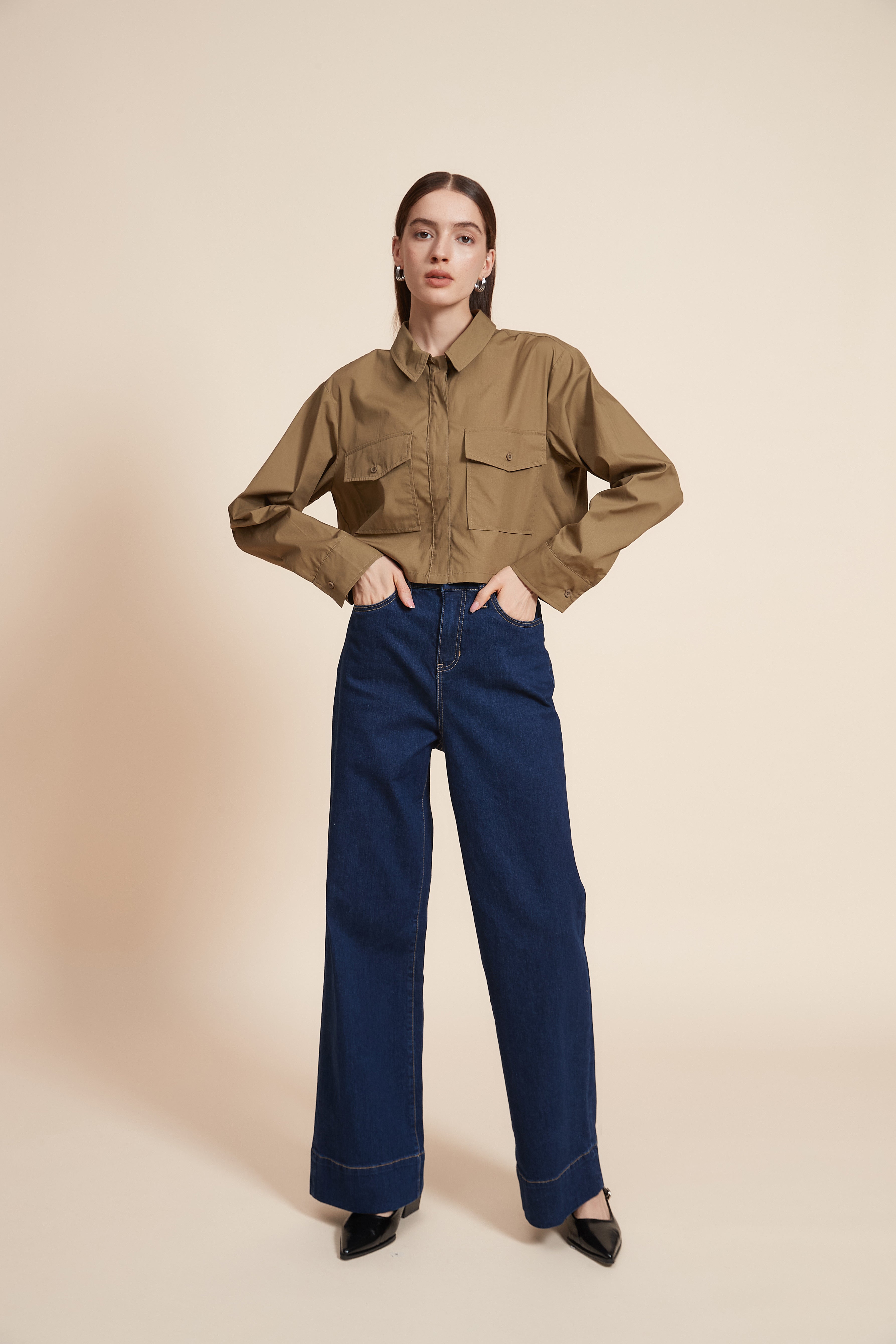 Plain Short Sleeve Blouse with Pockets