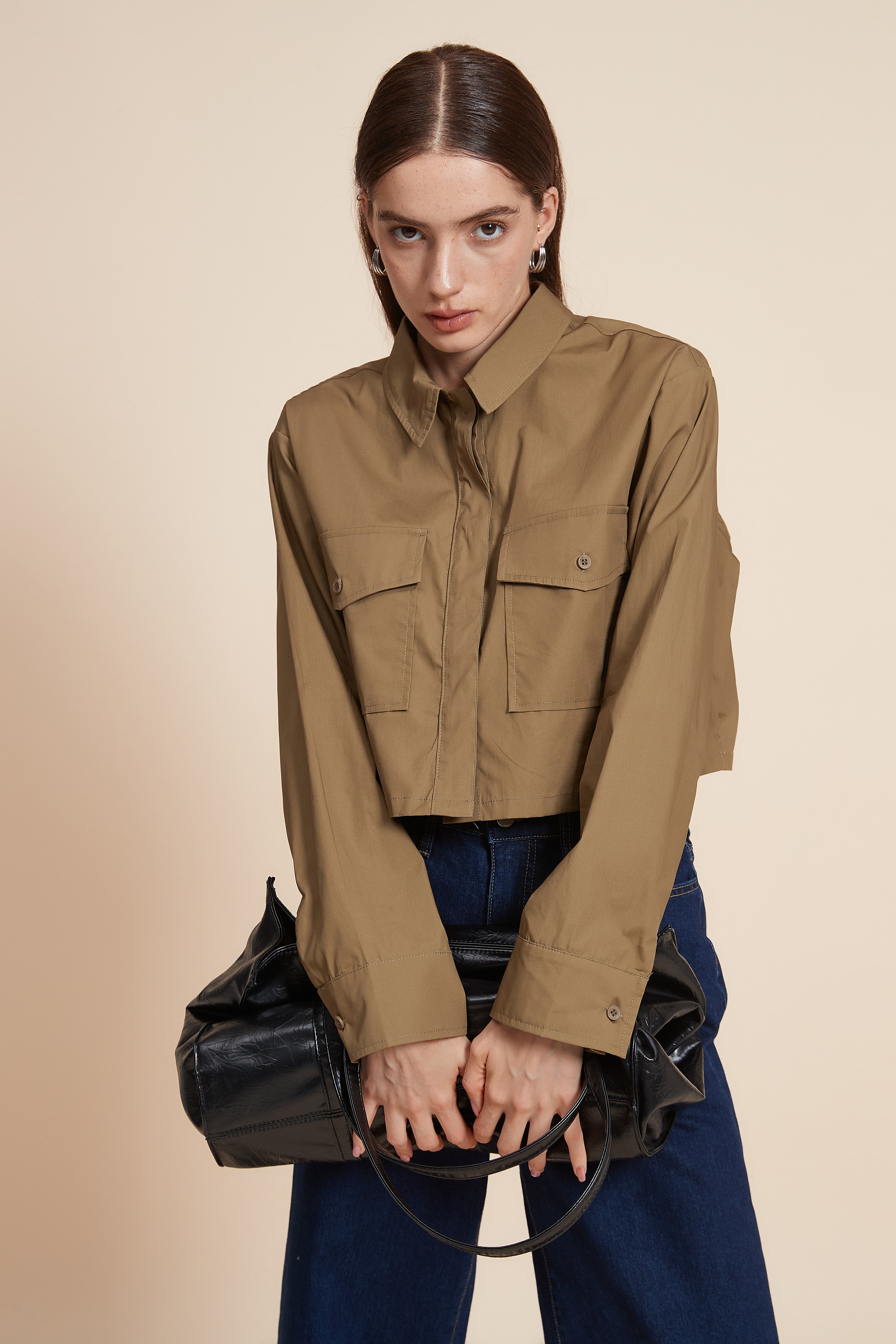 Plain Short Sleeve Blouse with Pockets