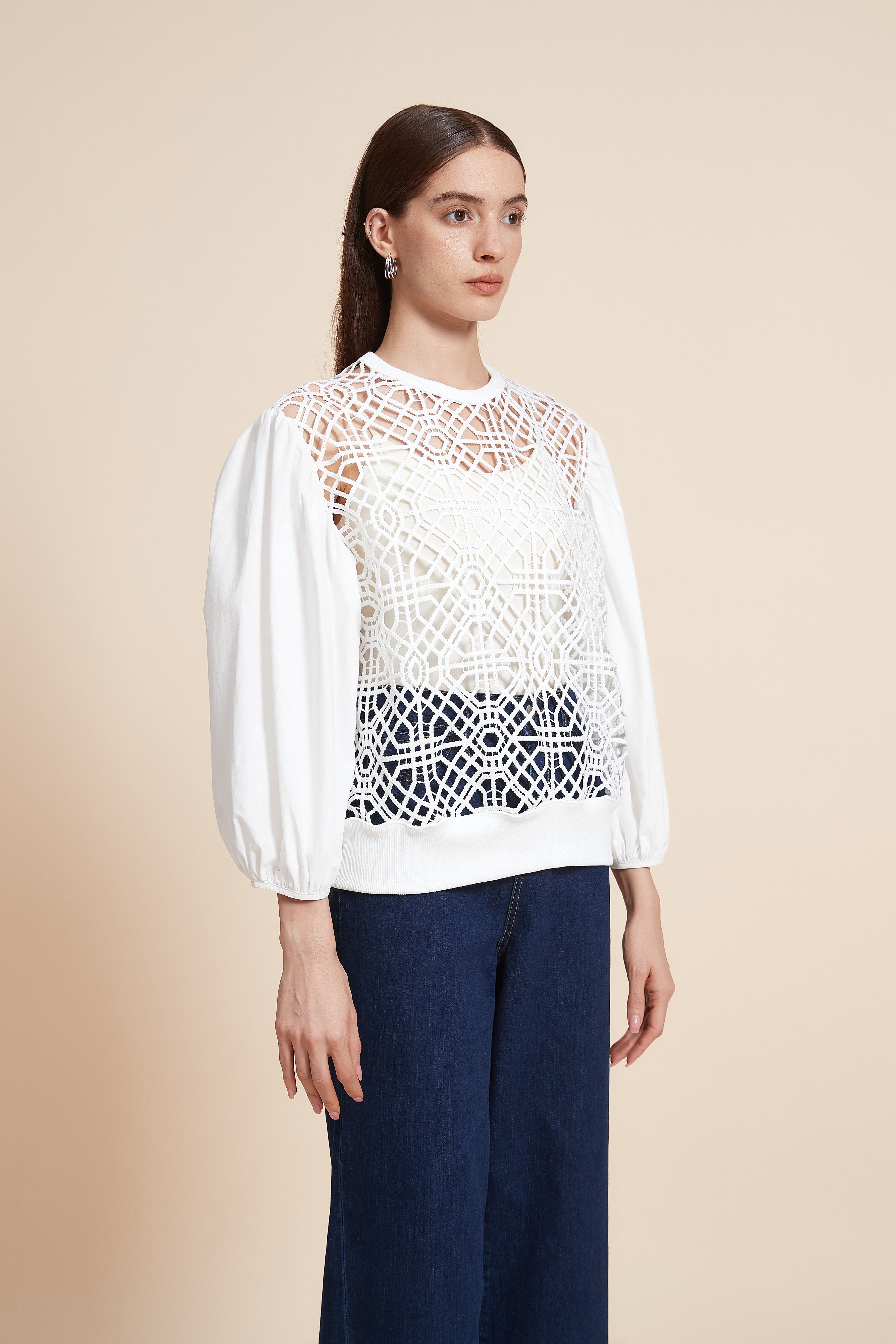 Lace 3/4 Sleeve Blouse with Puff Sleeves