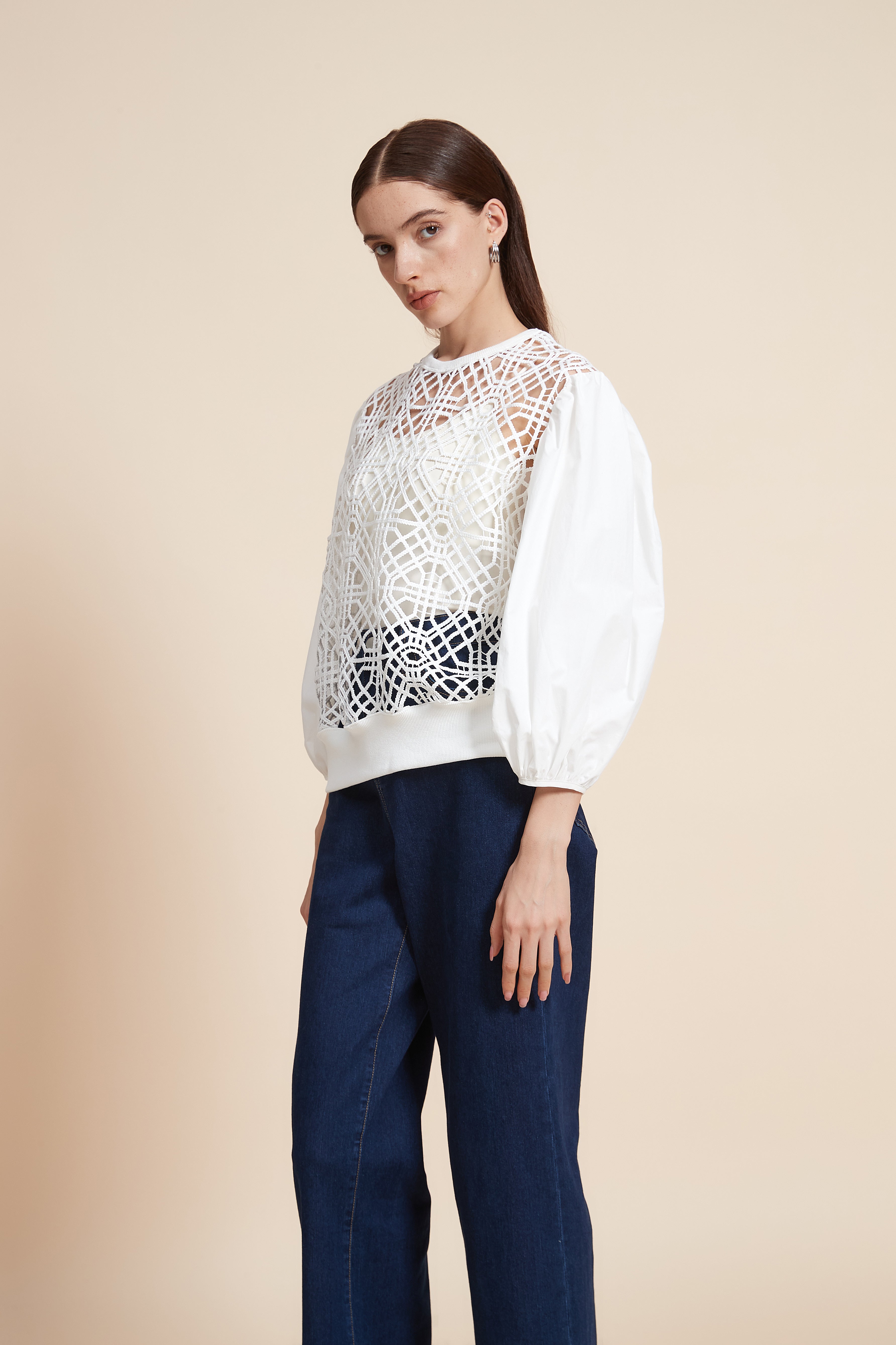 Lace 3/4 Sleeve Blouse with Puff Sleeves
