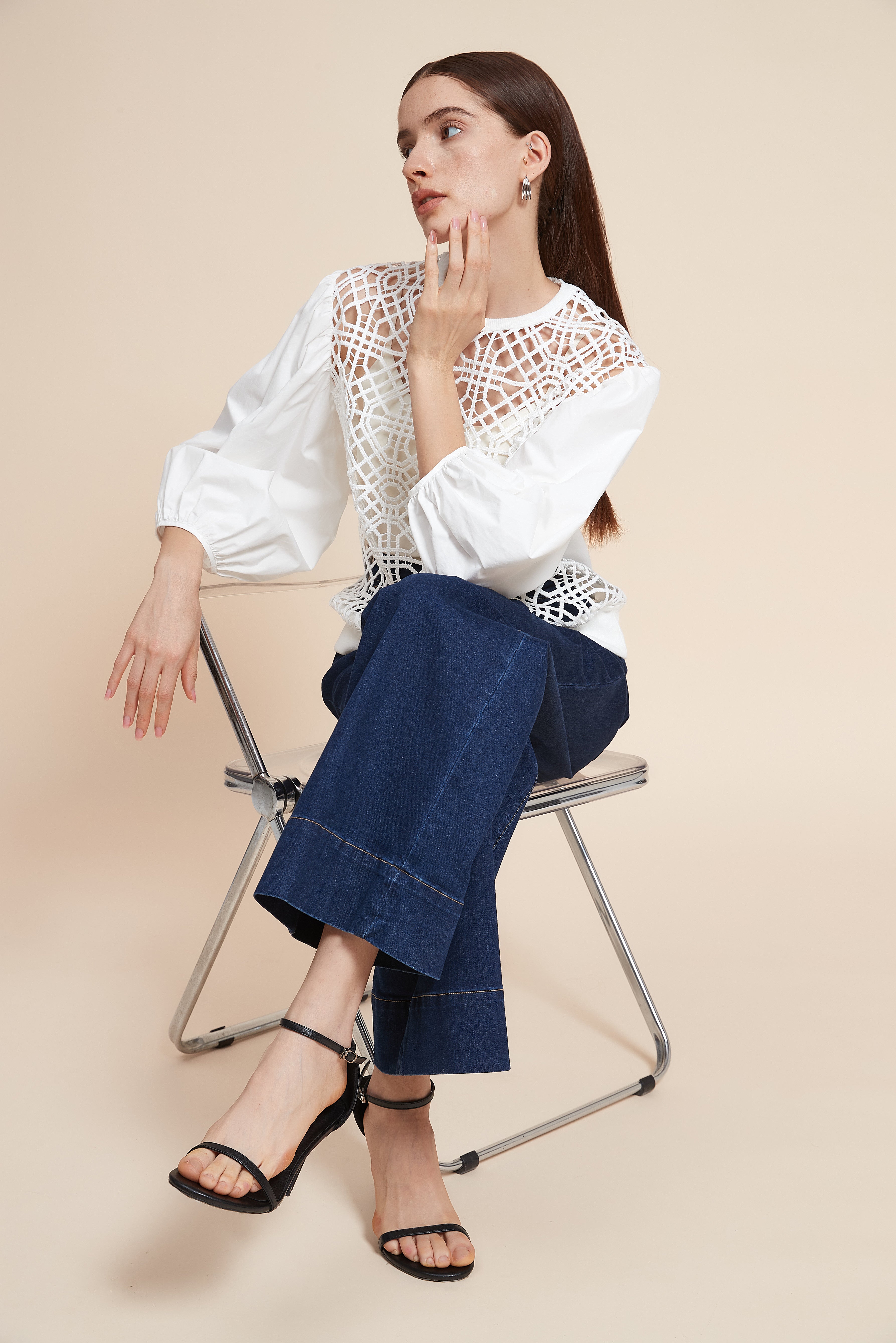 Lace 3/4 Sleeve Blouse with Puff Sleeves