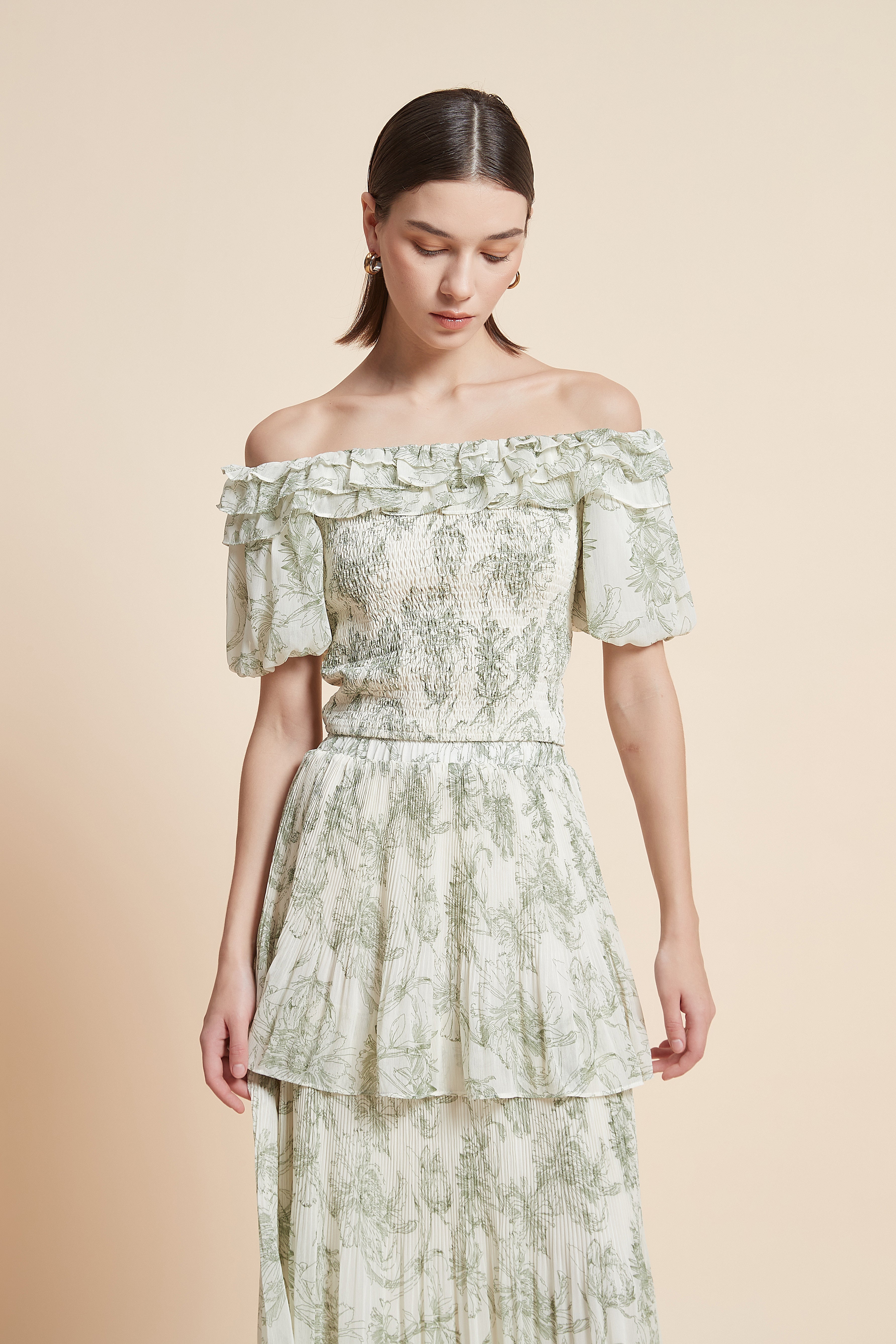 Patterned Off-Shoulder Half-Sleeve Top