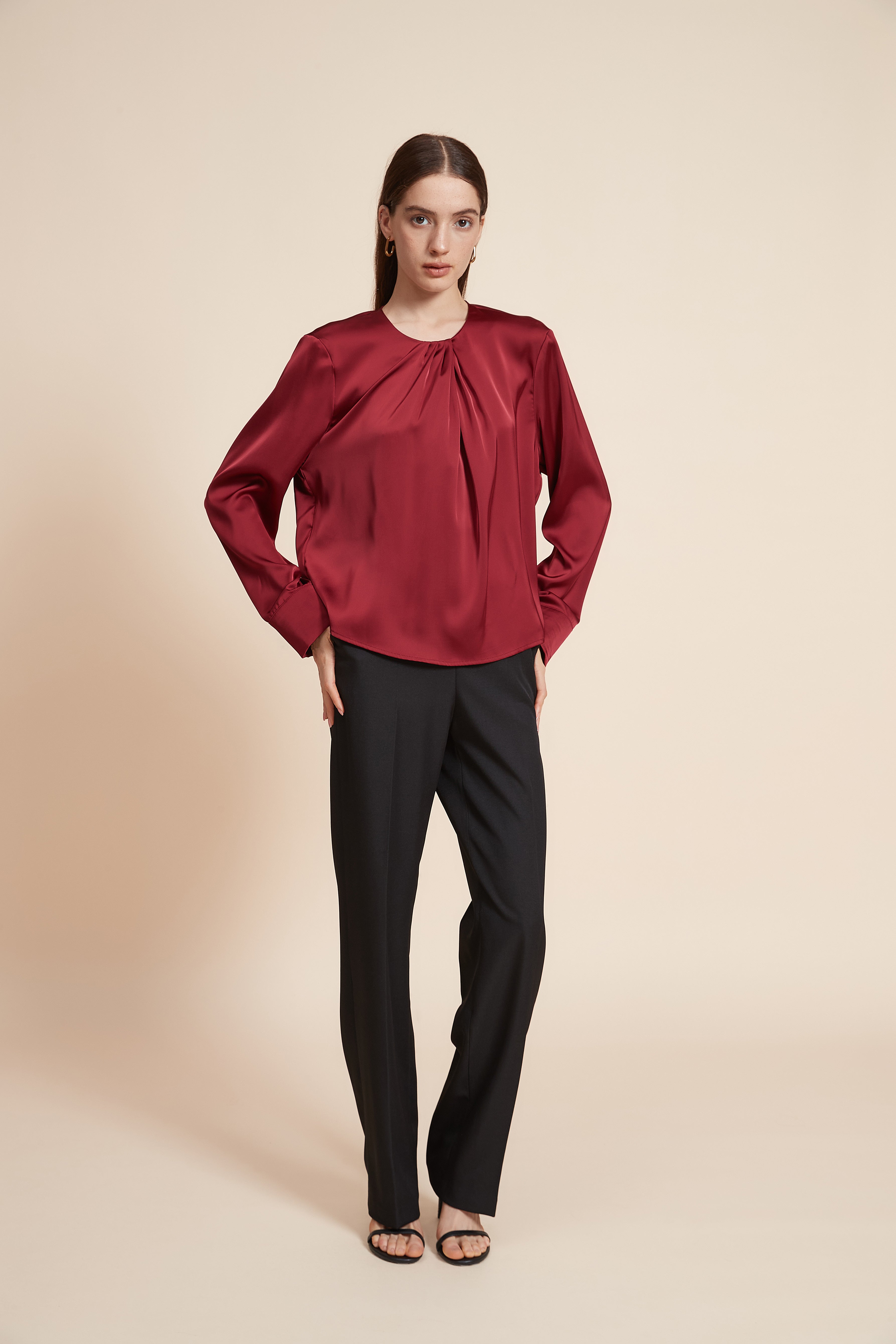 Loose-Fit Long Sleeve Plain Blouse