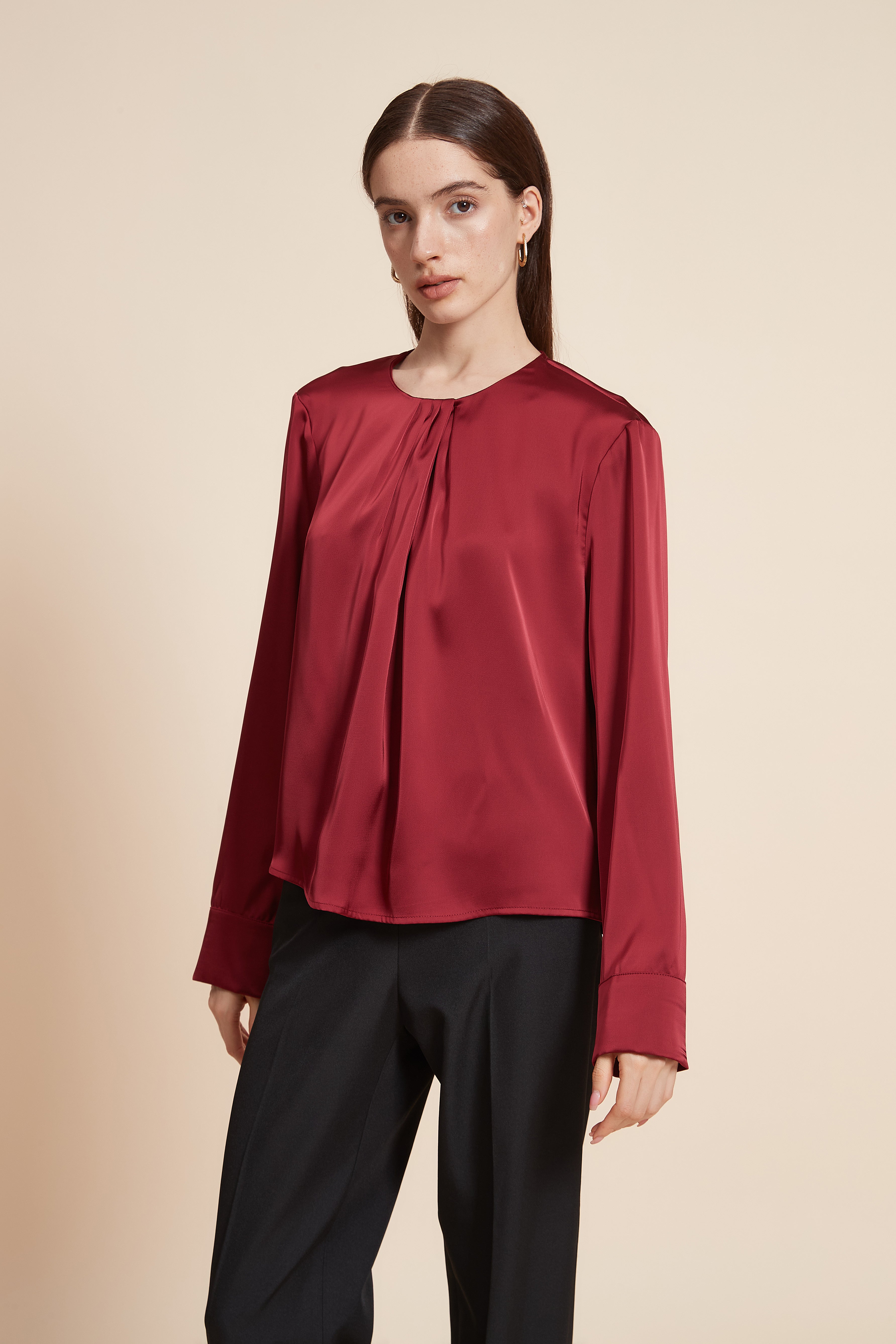 Loose-Fit Long Sleeve Plain Blouse