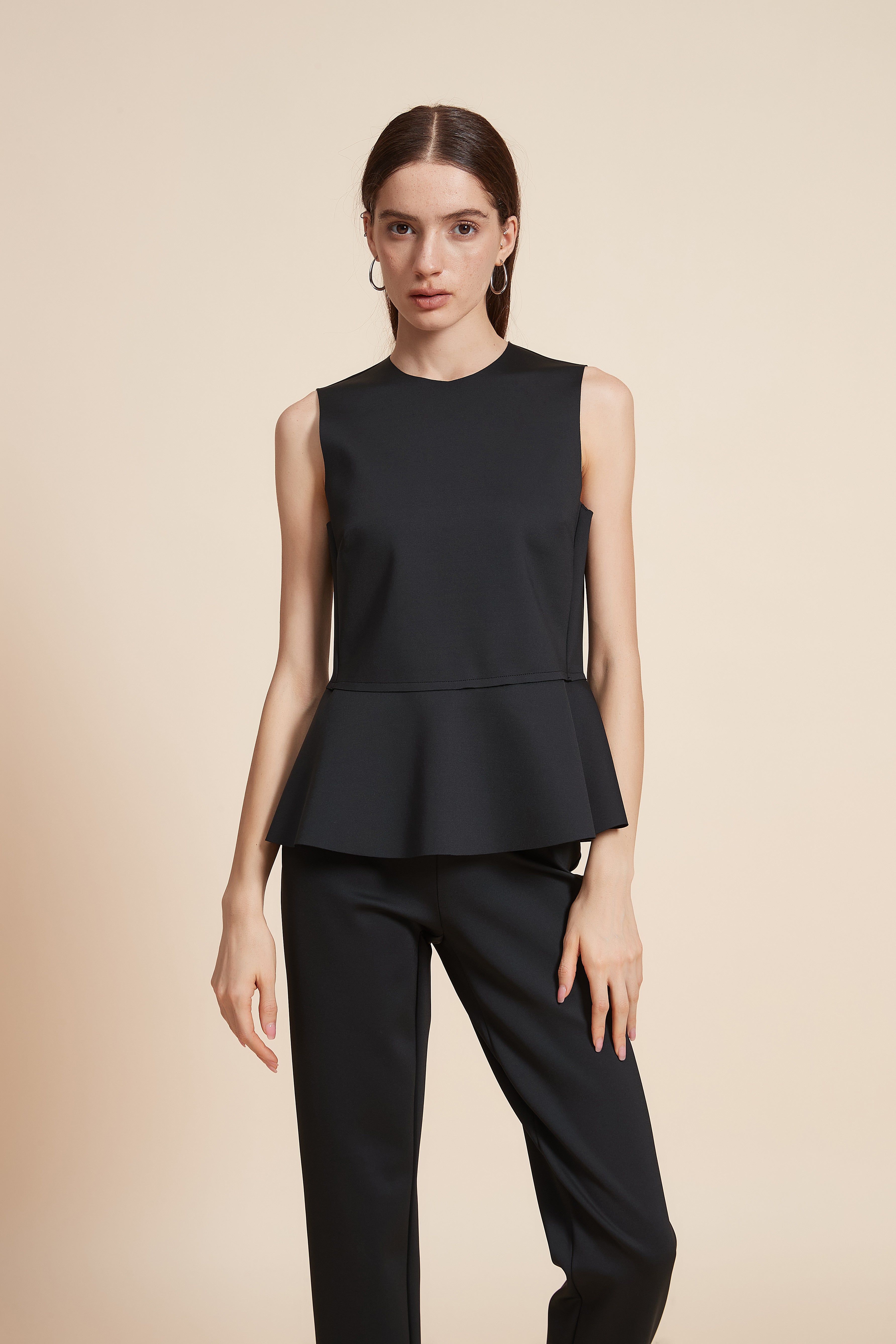 Plain Sleeveless Blouse With Ruffled Hem