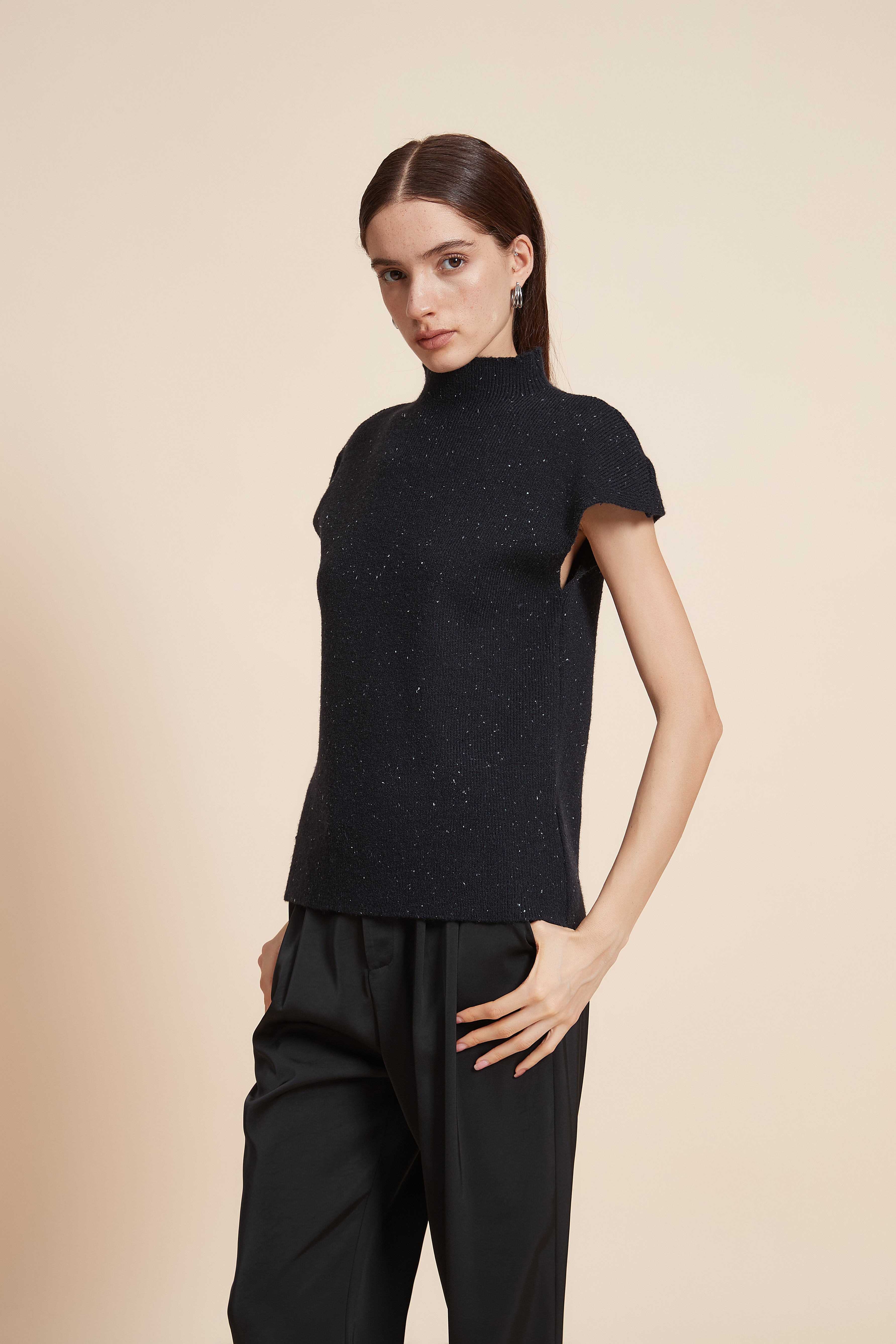 Plain High Neck Short Sleeve Sweater