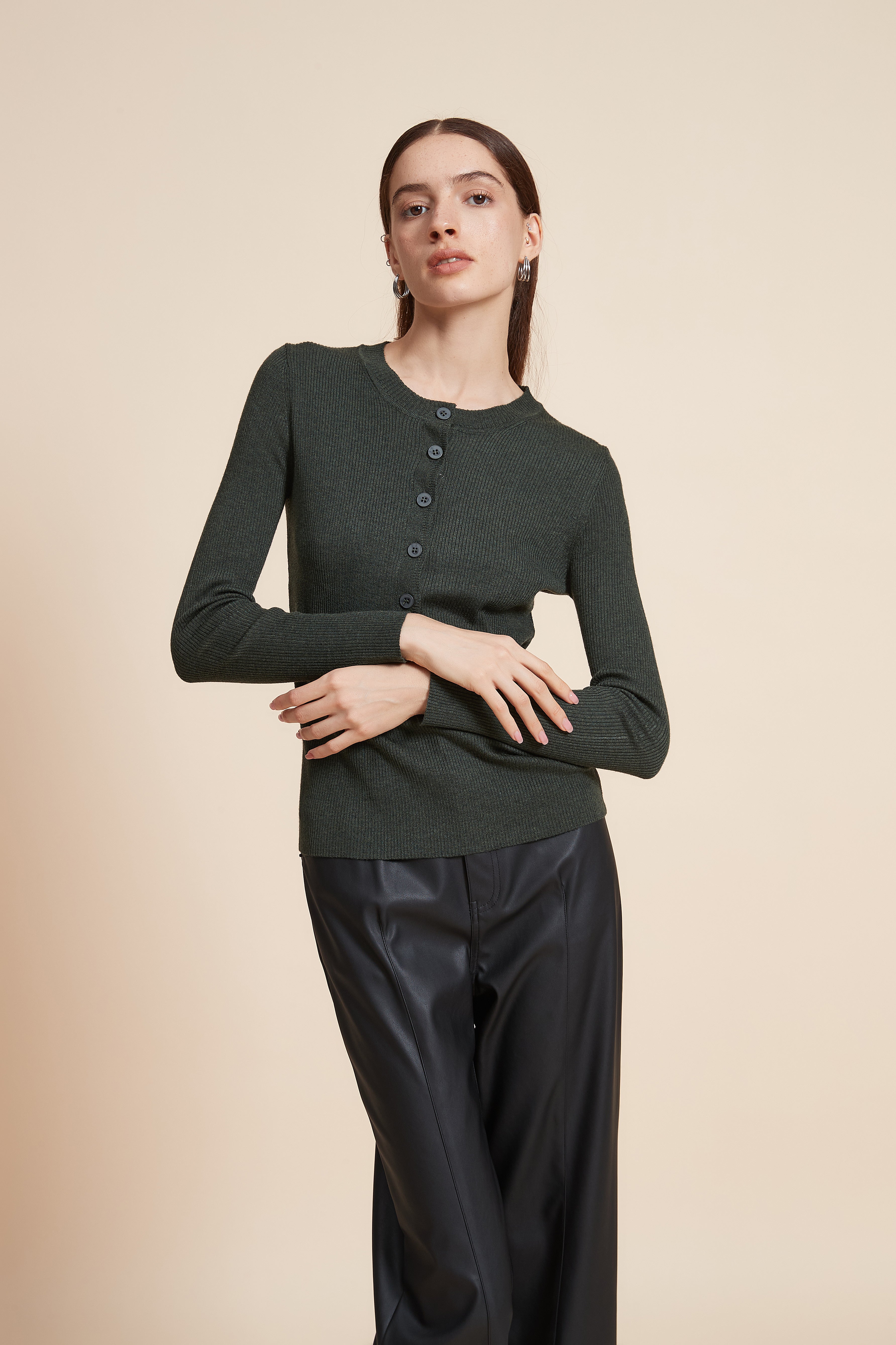Plain Long Sleeve Blouse with Front Buttons
