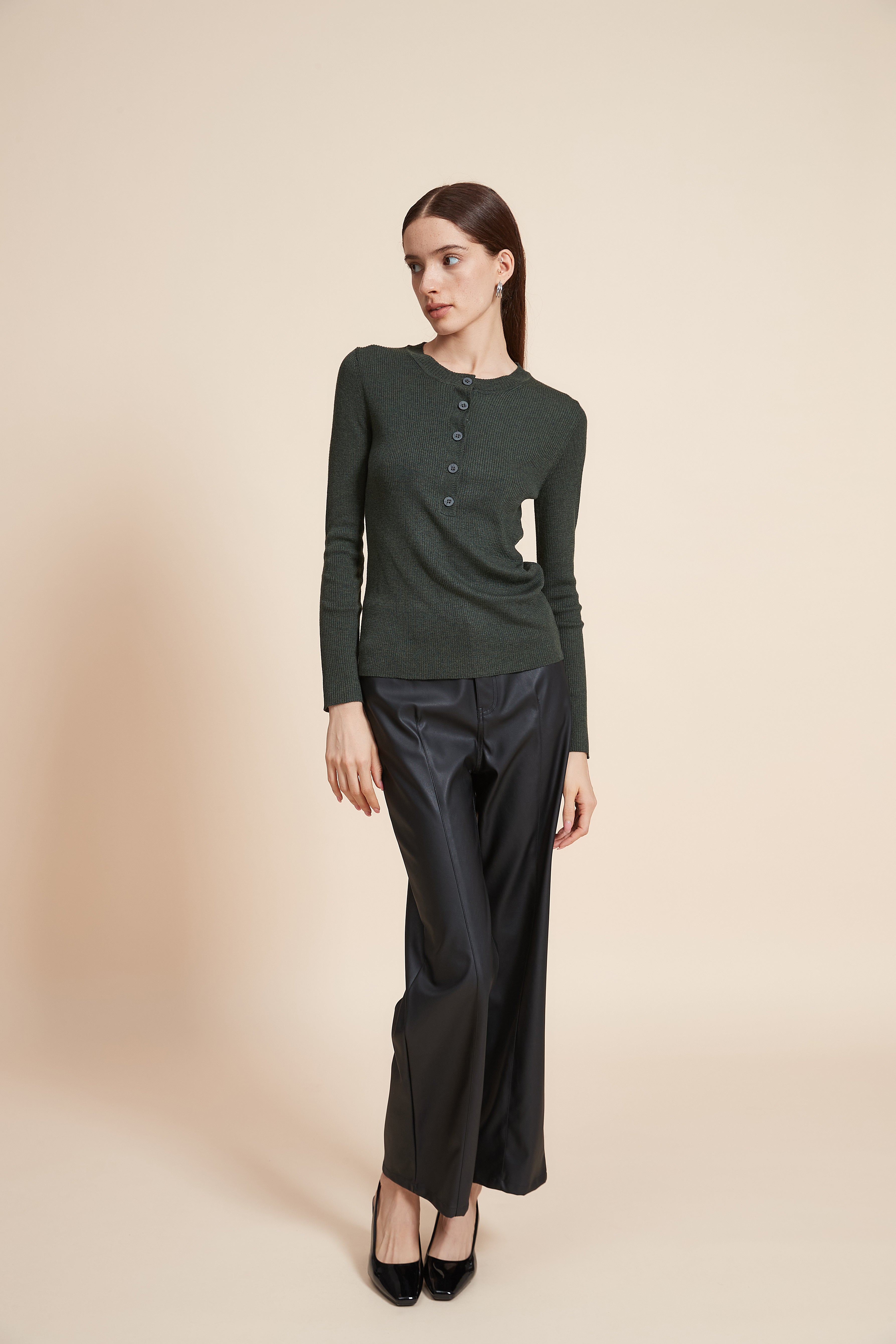 Plain Long Sleeve Blouse with Front Buttons