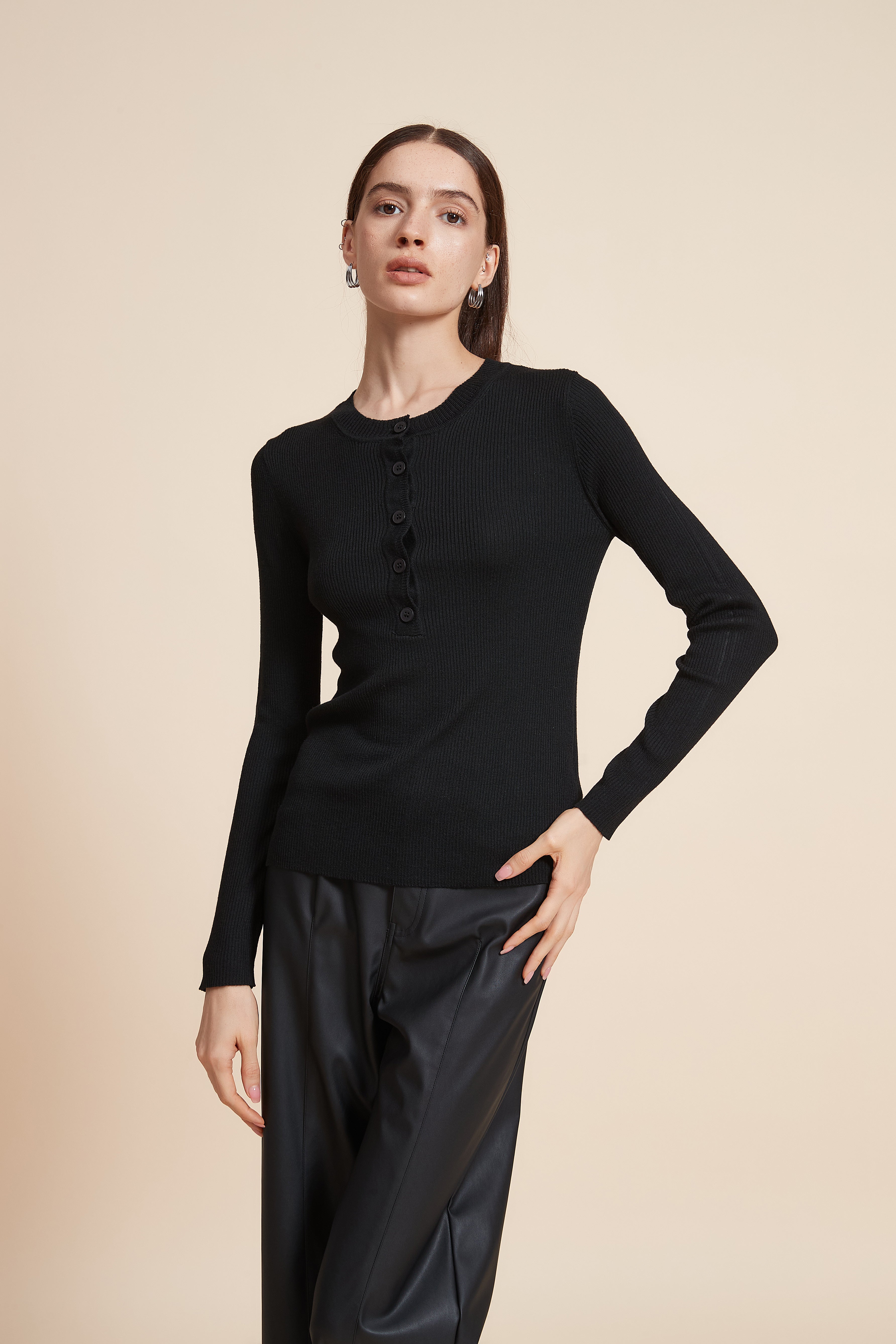 Plain Long Sleeve Blouse with Front Buttons