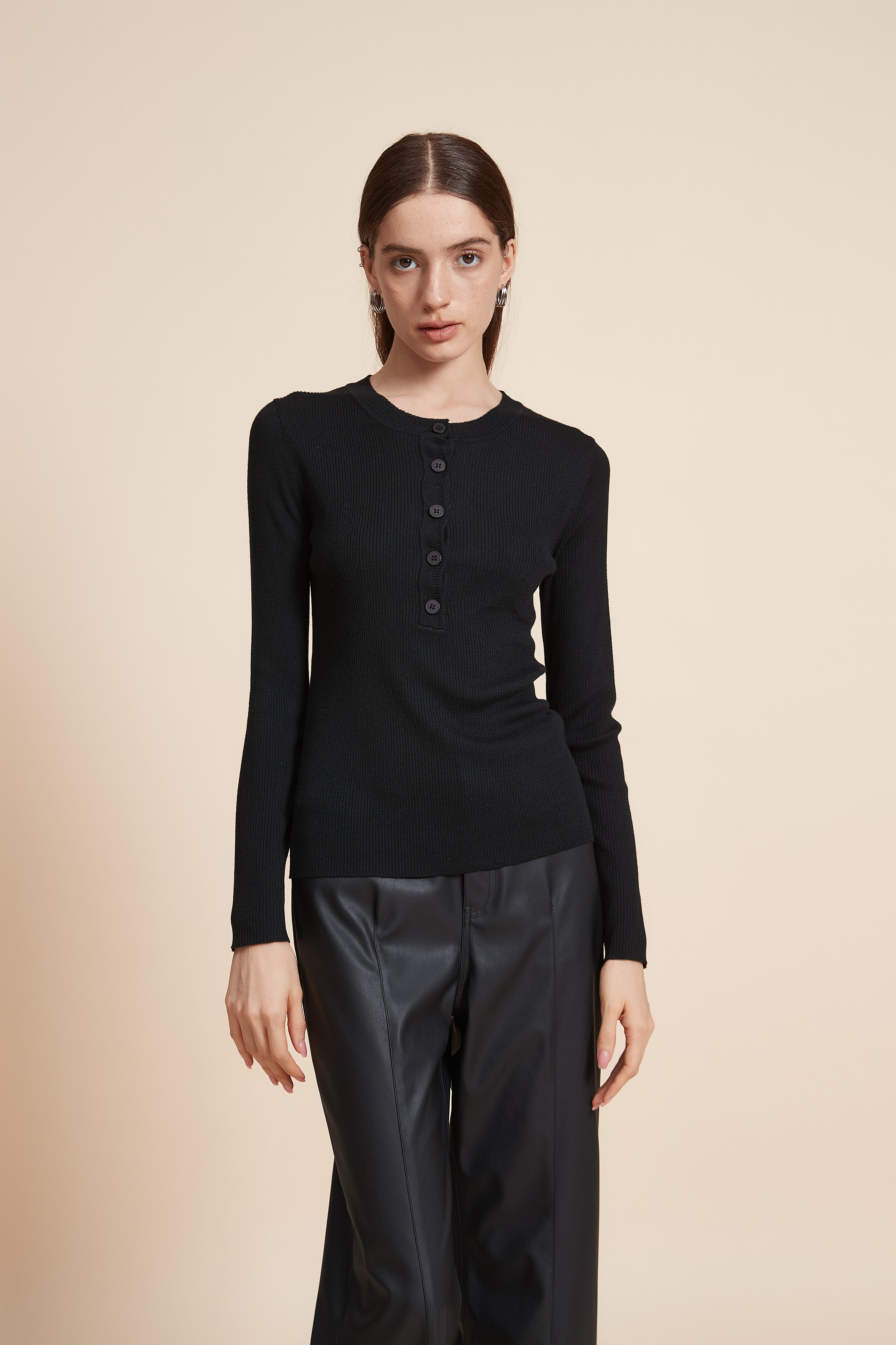 Plain Long Sleeve Blouse with Front Buttons